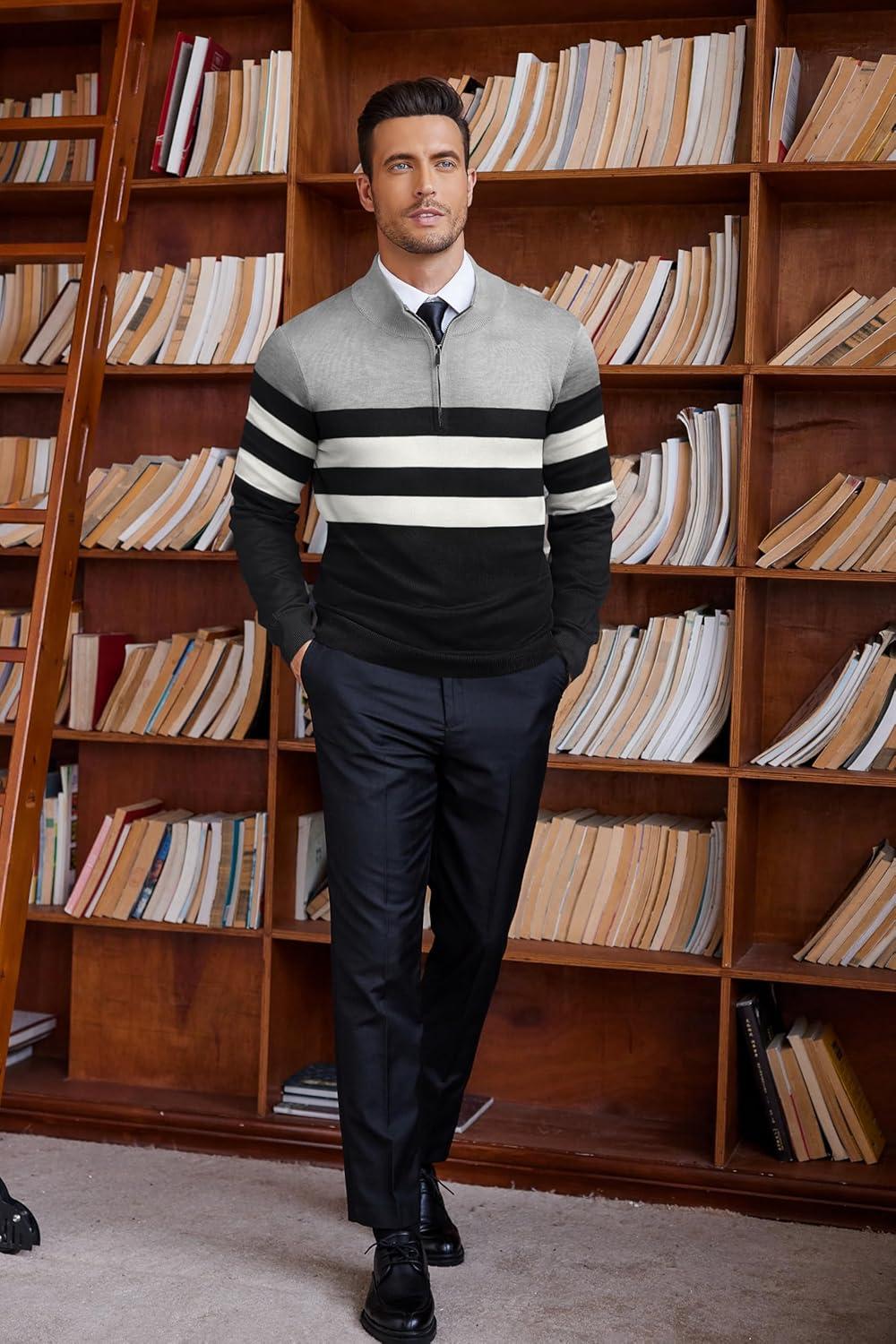 imageCOOFANDY Mens Quarter Zip Up Sweaters Slim Fit Lightweight Mock Neck Pullover Casual Polo SweatersBlack White Grey Stripe