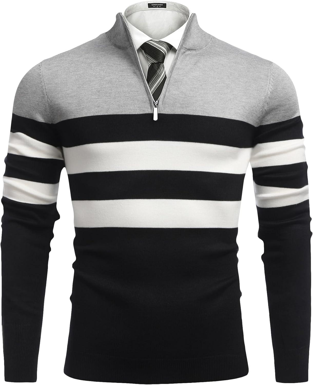 imageCOOFANDY Mens Quarter Zip Up Sweaters Slim Fit Lightweight Mock Neck Pullover Casual Polo SweatersBlack White Grey Stripe