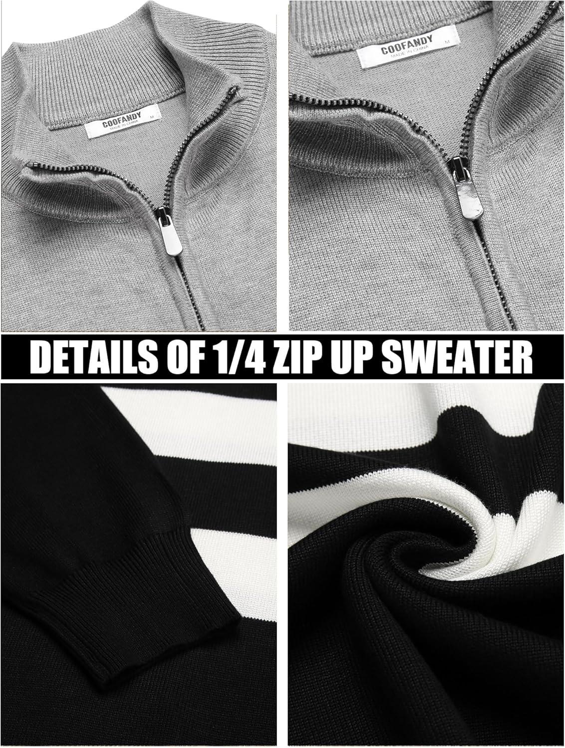 imageCOOFANDY Mens Quarter Zip Up Sweaters Slim Fit Lightweight Mock Neck Pullover Casual Polo SweatersBlack White Grey Stripe