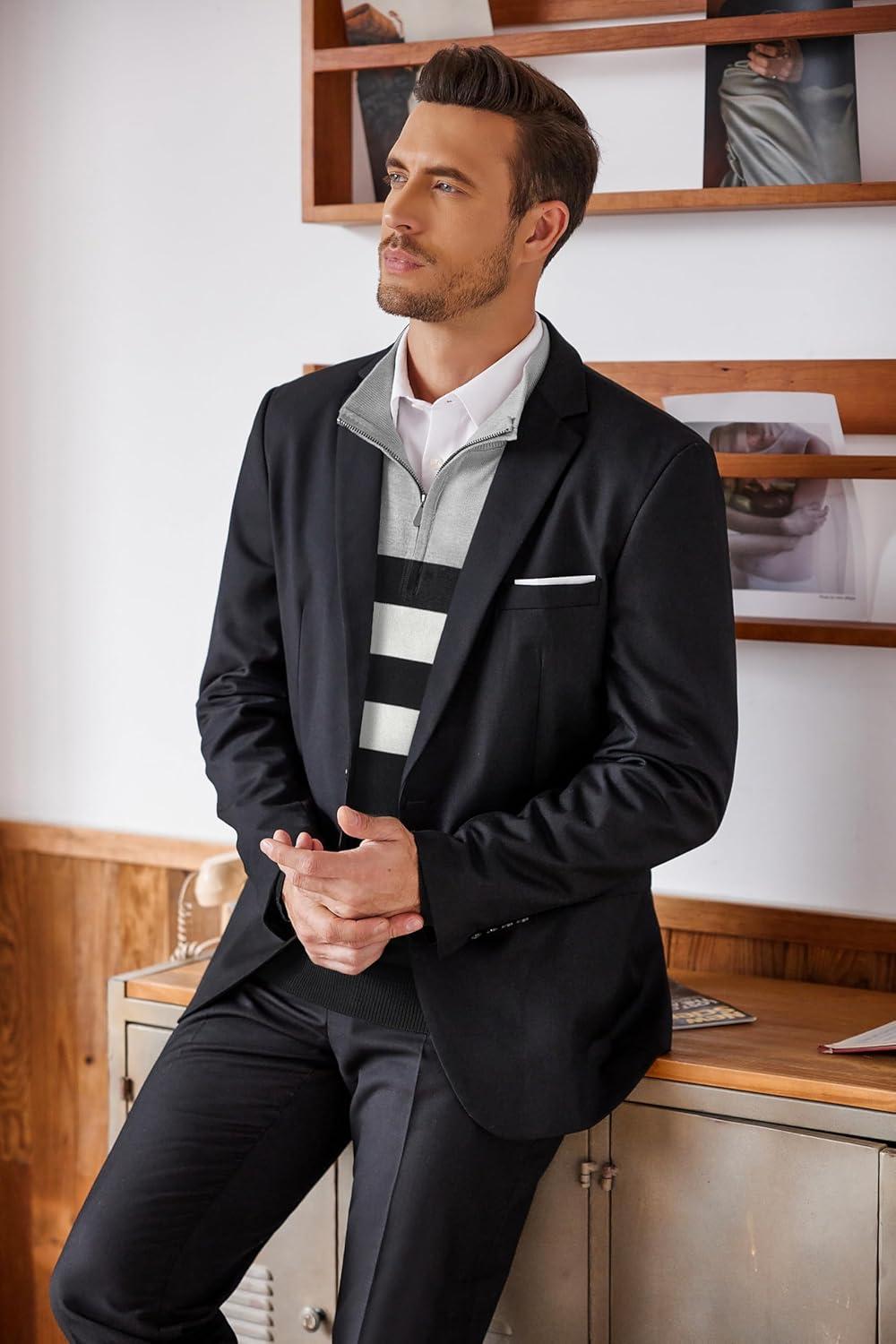 imageCOOFANDY Mens Quarter Zip Up Sweaters Slim Fit Lightweight Mock Neck Pullover Casual Polo SweatersBlack White Grey Stripe