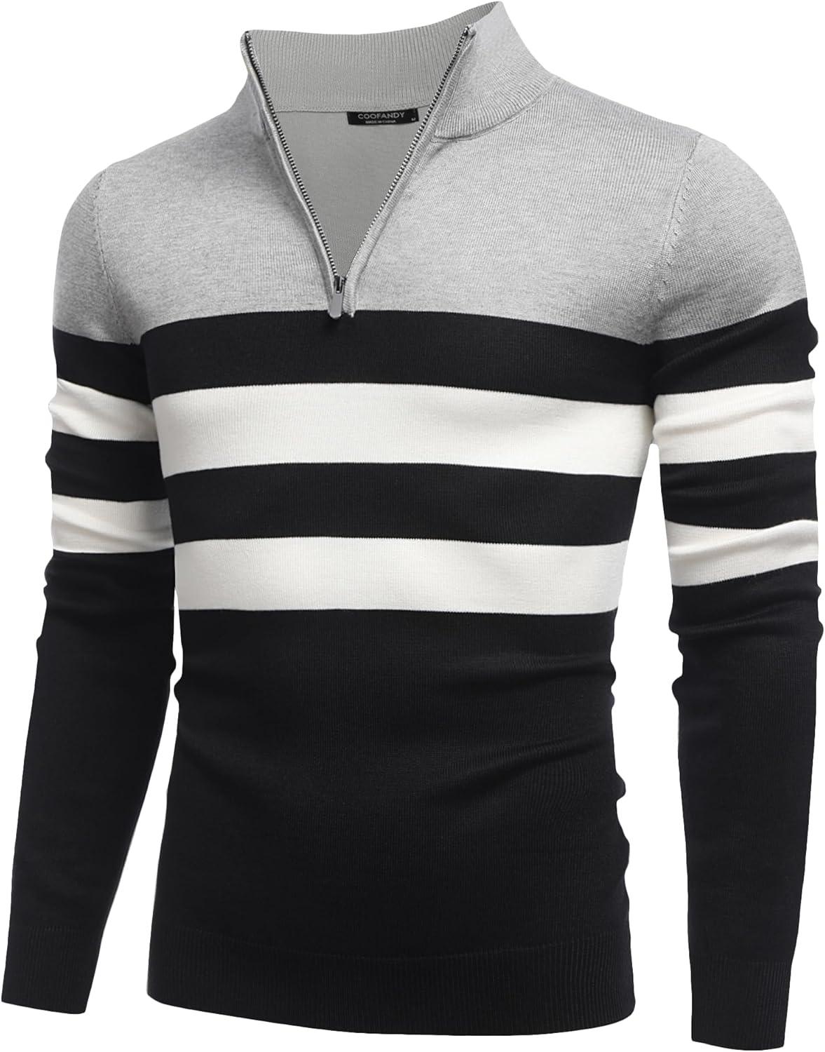 imageCOOFANDY Mens Quarter Zip Up Sweaters Slim Fit Lightweight Mock Neck Pullover Casual Polo SweatersBlack White Grey Stripe