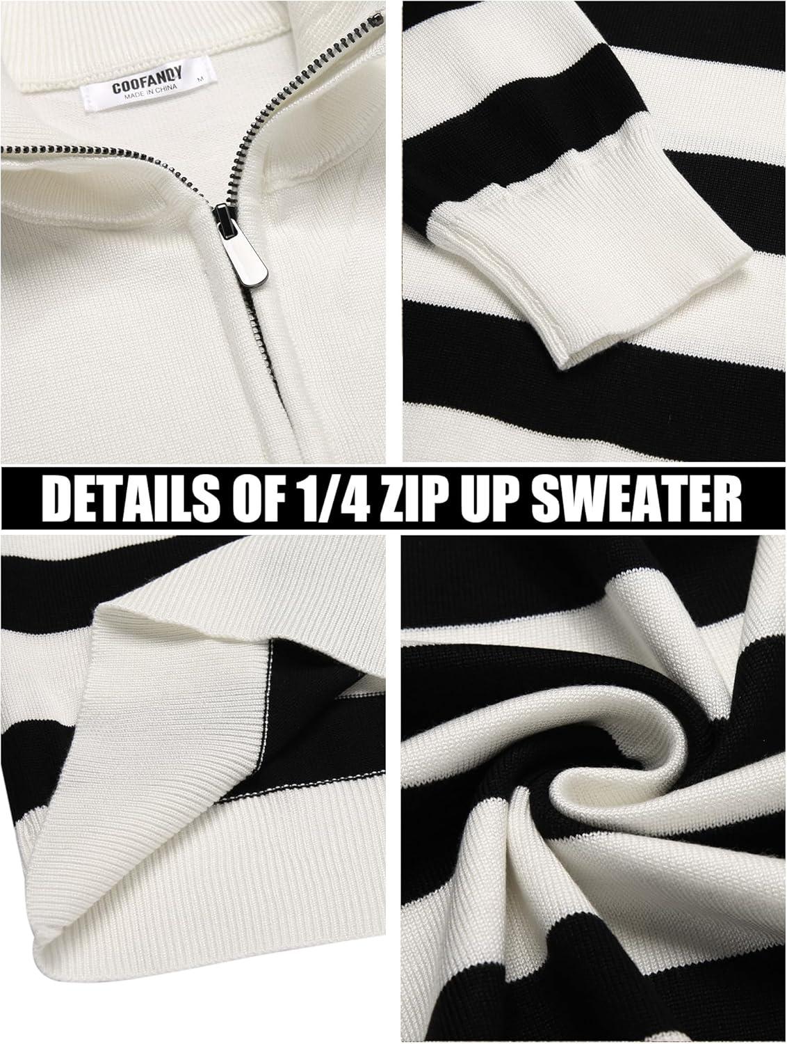imageCOOFANDY Mens Quarter Zip Up Sweaters Slim Fit Lightweight Mock Neck Pullover Casual Polo SweatersBlack White Stripe