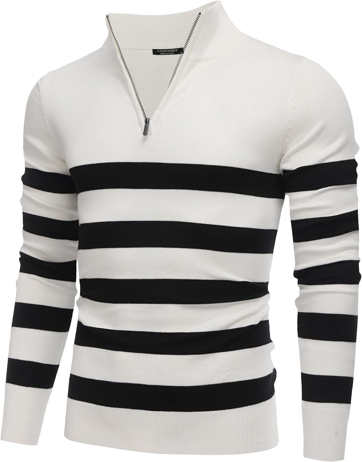 imageCOOFANDY Mens Quarter Zip Up Sweaters Slim Fit Lightweight Mock Neck Pullover Casual Polo SweatersBlack White Stripe