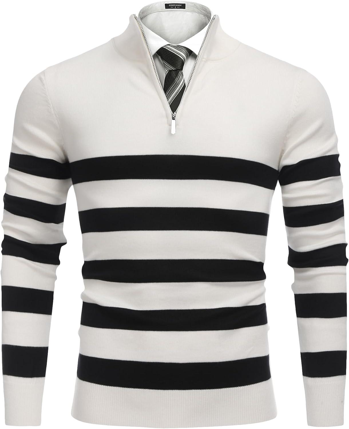 imageCOOFANDY Mens Quarter Zip Up Sweaters Slim Fit Lightweight Mock Neck Pullover Casual Polo SweatersBlack White Stripe
