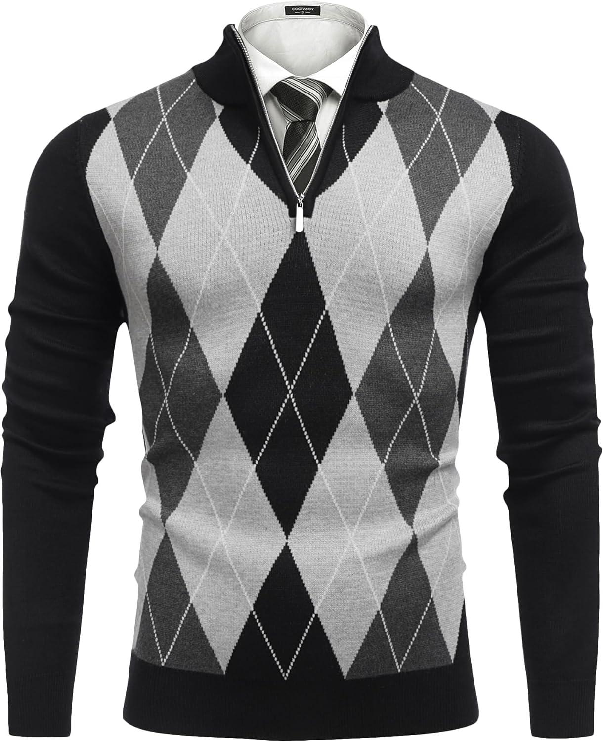 imageCOOFANDY Mens Quarter Zip Up Sweaters Slim Fit Lightweight Mock Neck Pullover Casual Polo SweatersBlack Argyle