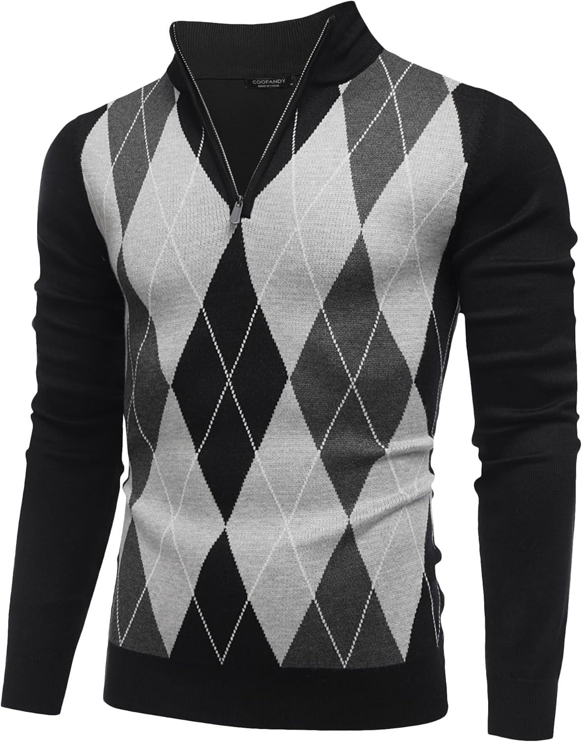 imageCOOFANDY Mens Quarter Zip Up Sweaters Slim Fit Lightweight Mock Neck Pullover Casual Polo SweatersBlack Argyle