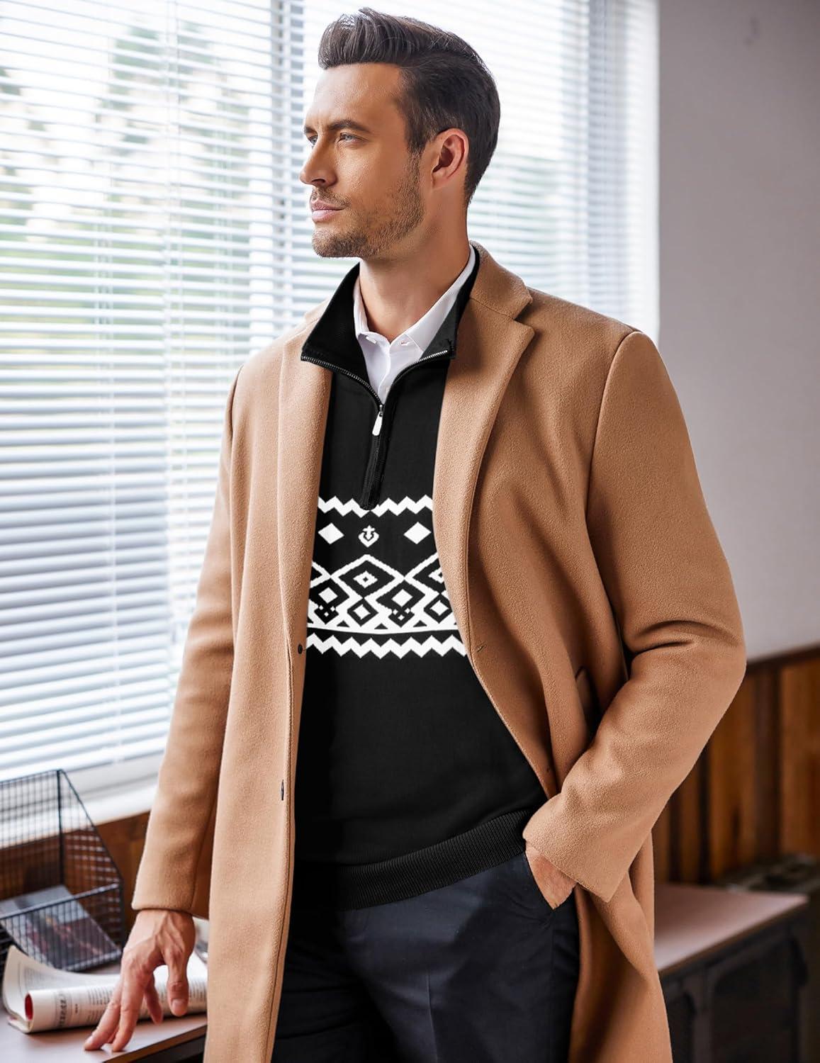 imageCOOFANDY Mens Quarter Zip Up Sweaters Slim Fit Lightweight Mock Neck Pullover Casual Polo SweatersChristmas Black White