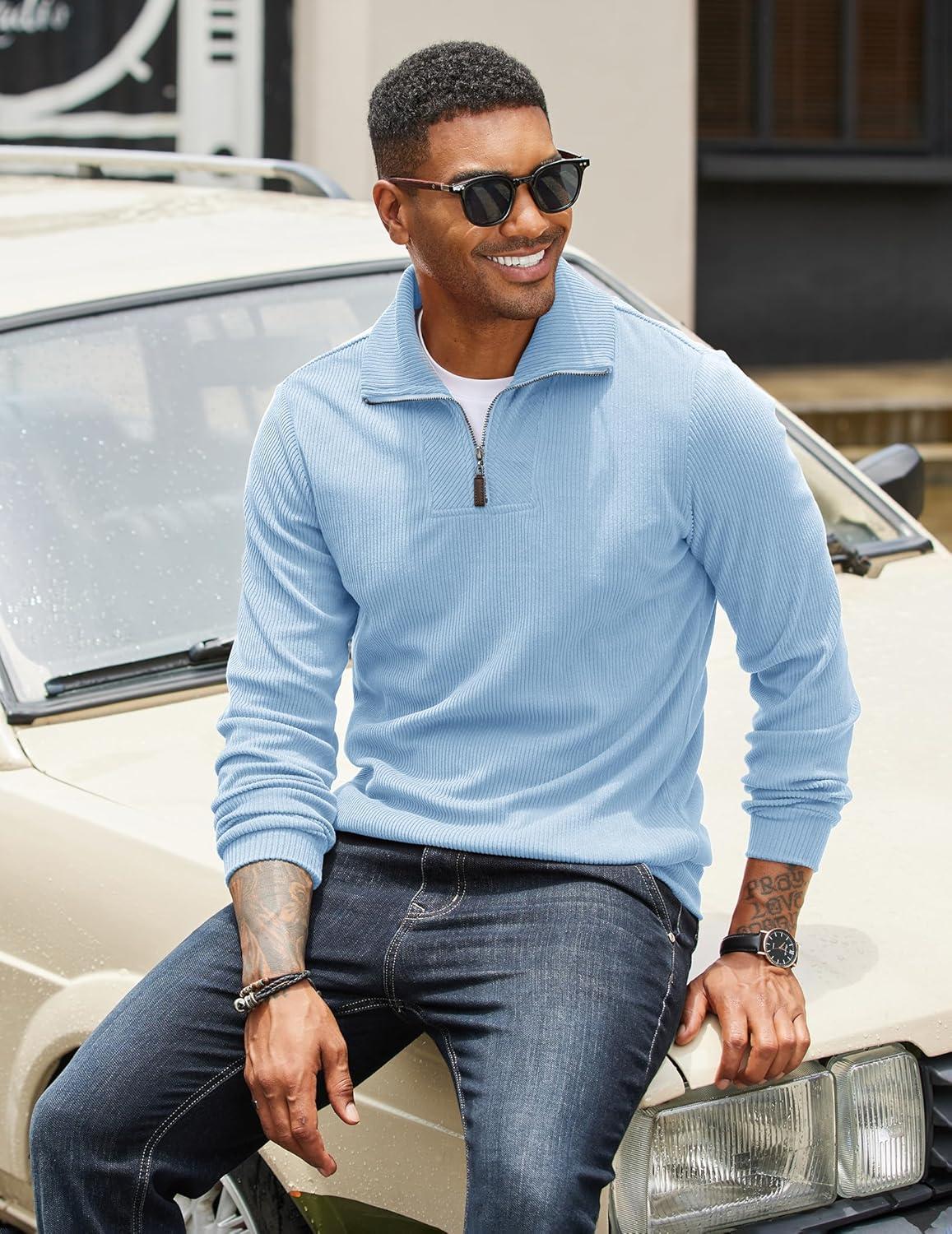 imageCOOFANDY Mens Quarter Zip Up Sweaters Slim Fit Lightweight Mock Neck Pullover Casual Polo SweatersDenim Blue