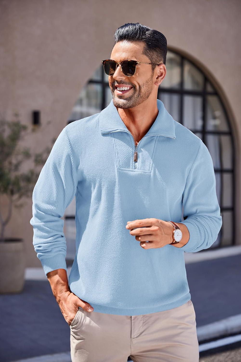 imageCOOFANDY Mens Quarter Zip Up Sweaters Slim Fit Lightweight Mock Neck Pullover Casual Polo SweatersDenim Blue