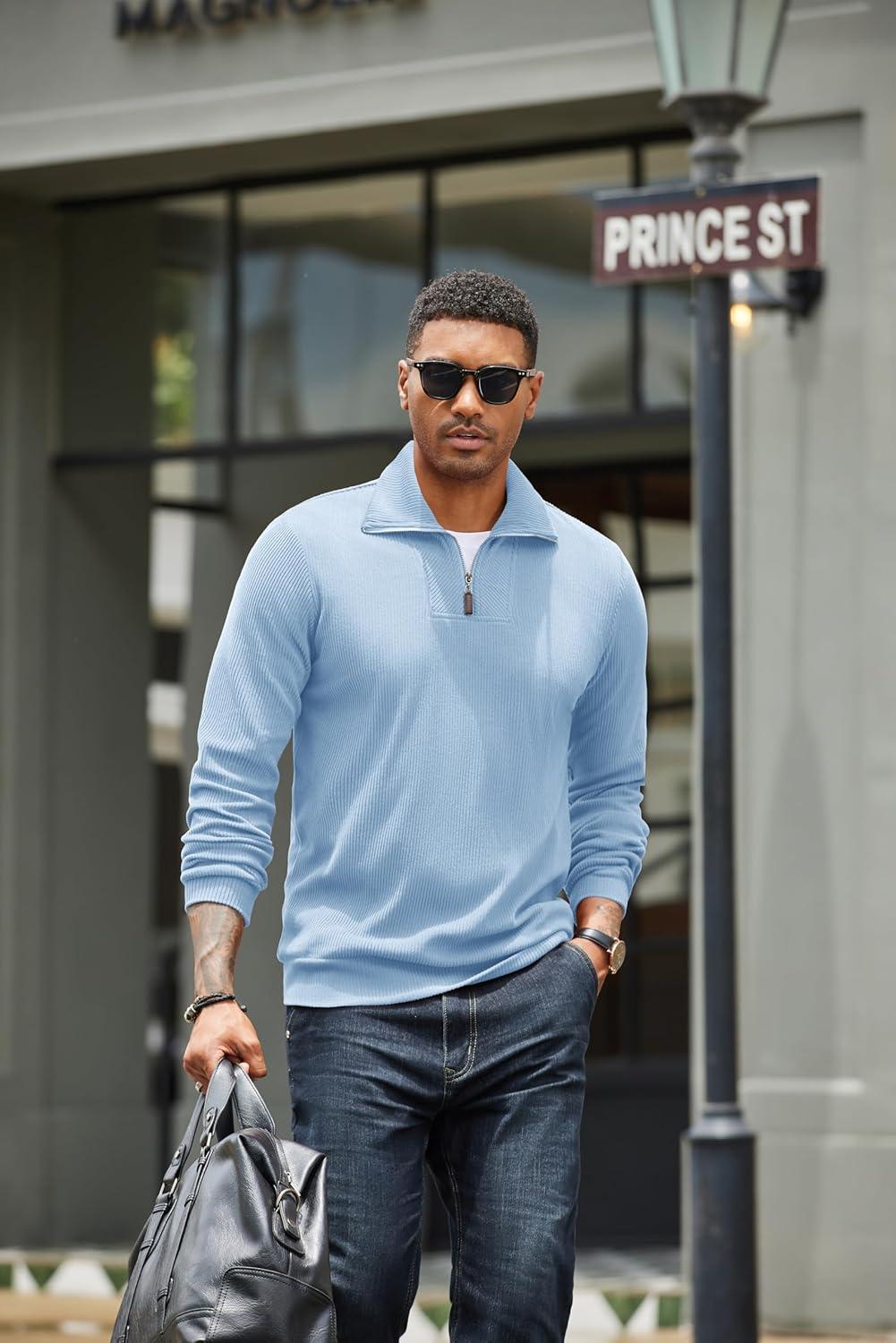 imageCOOFANDY Mens Quarter Zip Up Sweaters Slim Fit Lightweight Mock Neck Pullover Casual Polo SweatersDenim Blue