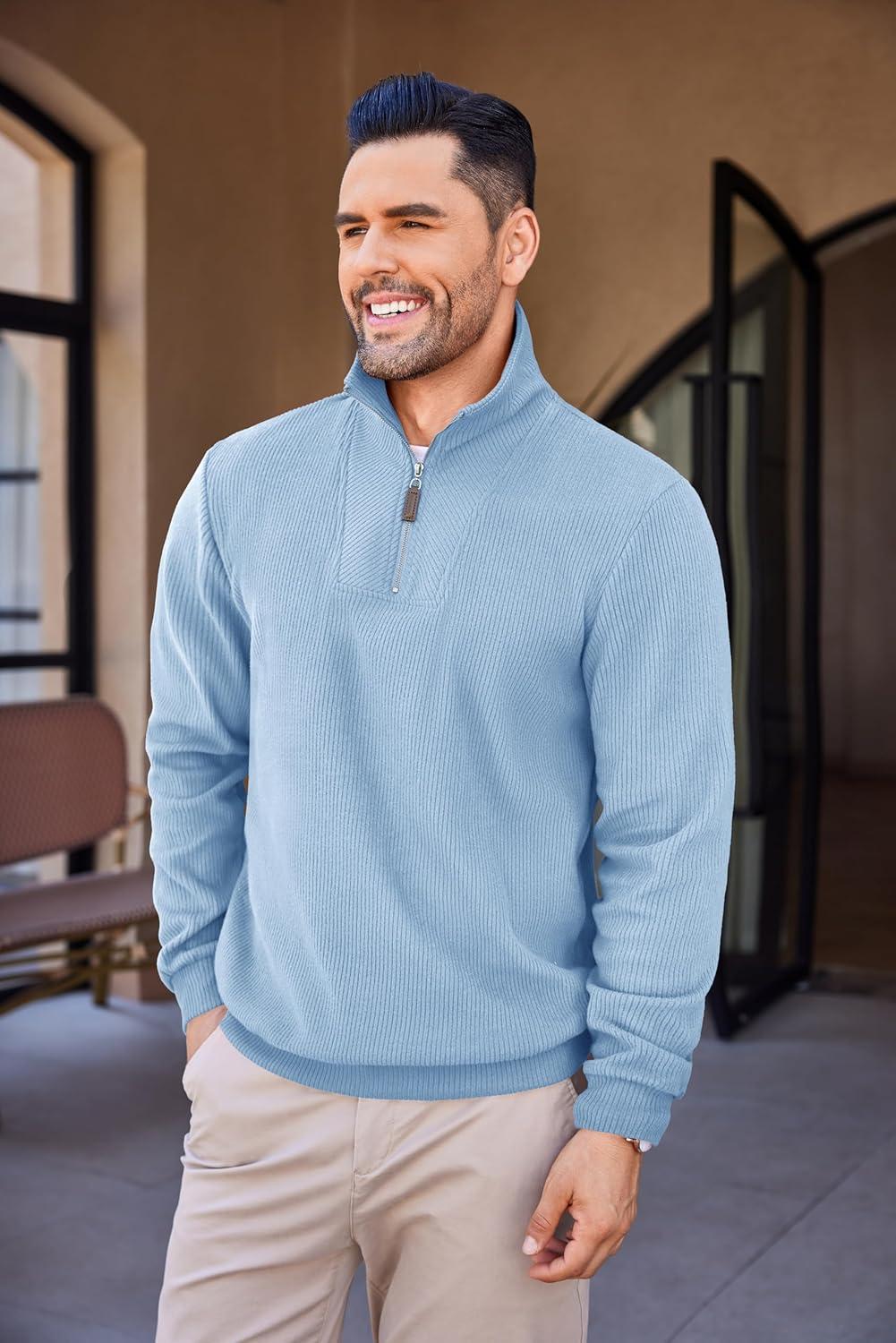 imageCOOFANDY Mens Quarter Zip Up Sweaters Slim Fit Lightweight Mock Neck Pullover Casual Polo SweatersDenim Blue