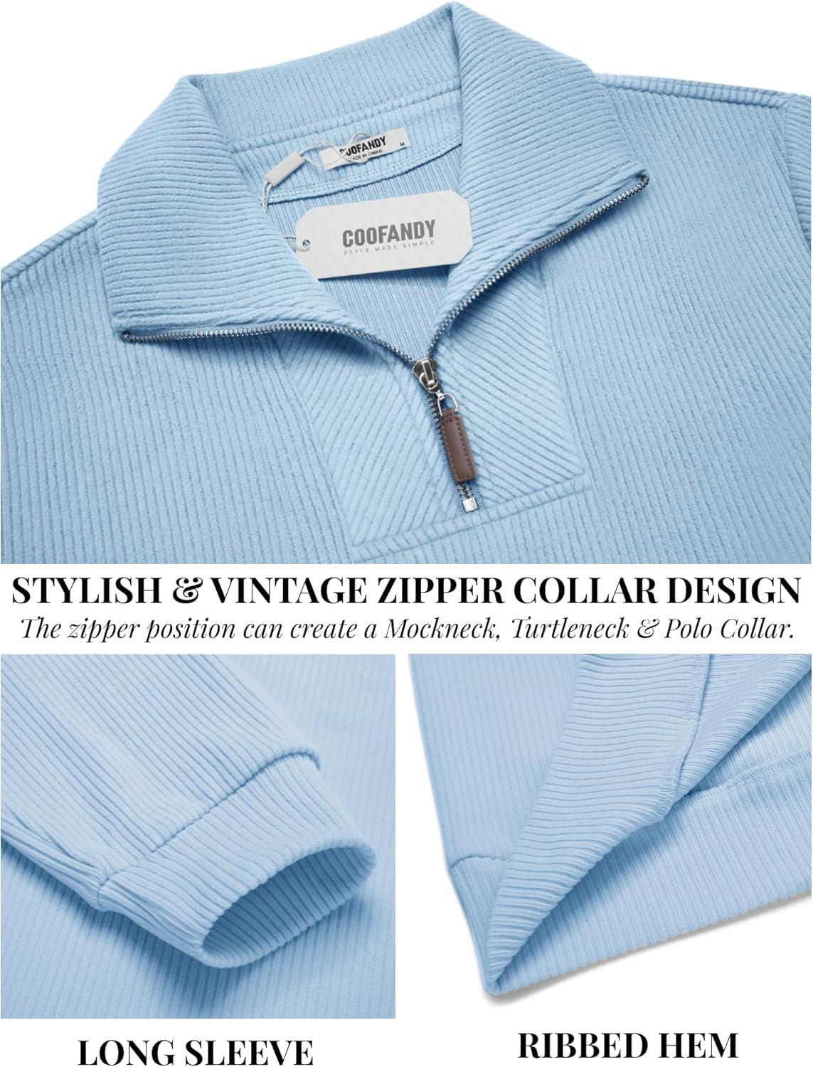 imageCOOFANDY Mens Quarter Zip Up Sweaters Slim Fit Lightweight Mock Neck Pullover Casual Polo SweatersDenim Blue