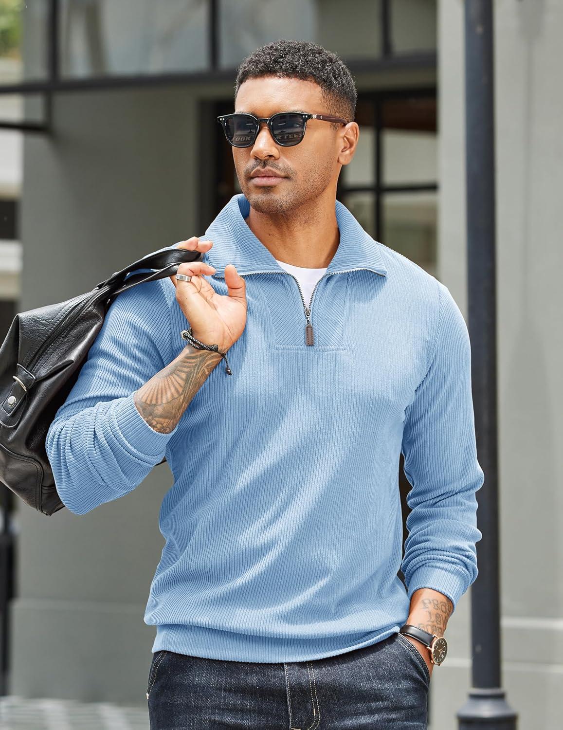 imageCOOFANDY Mens Quarter Zip Up Sweaters Slim Fit Lightweight Mock Neck Pullover Casual Polo SweatersDenim Blue