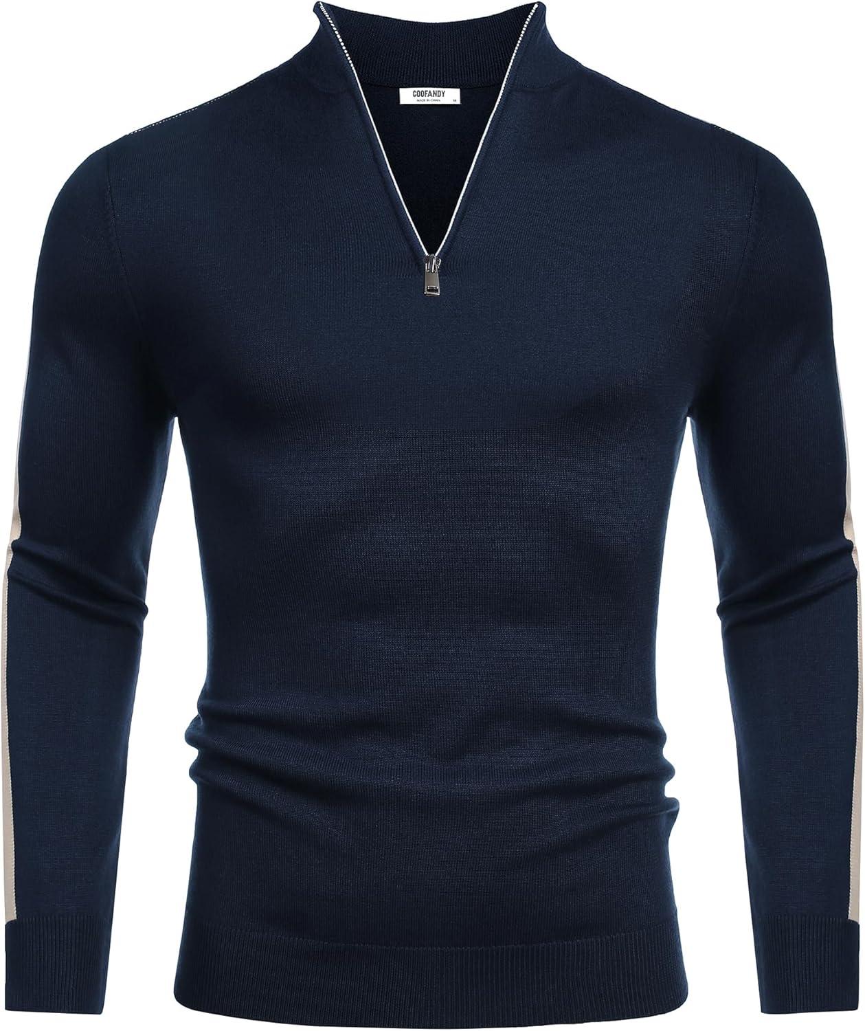 imageCOOFANDY Mens Quarter Zip Up Sweaters Slim Fit Lightweight Mock Neck Pullover Casual Polo SweatersNavystripekhaki