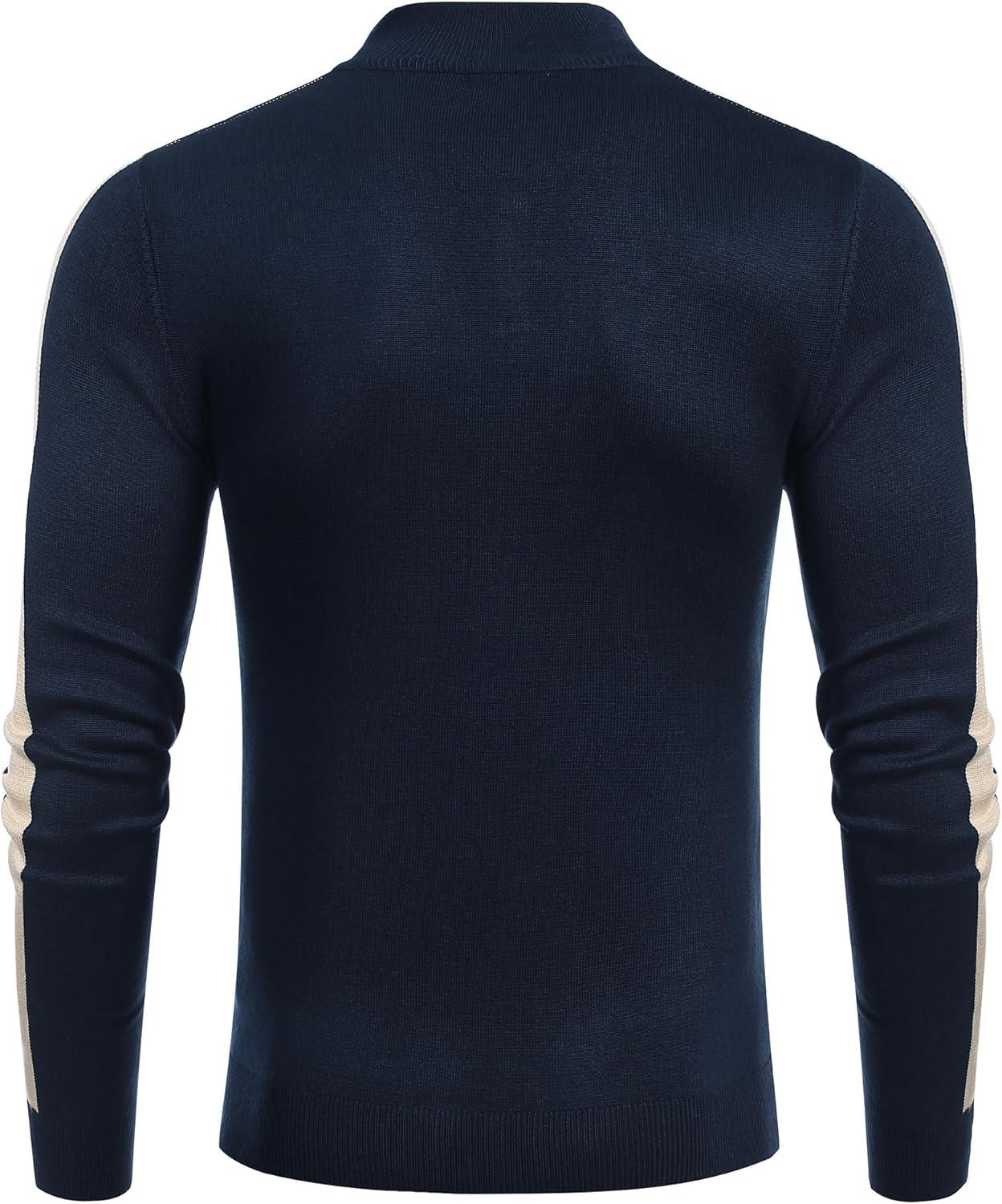 imageCOOFANDY Mens Quarter Zip Up Sweaters Slim Fit Lightweight Mock Neck Pullover Casual Polo SweatersNavystripekhaki