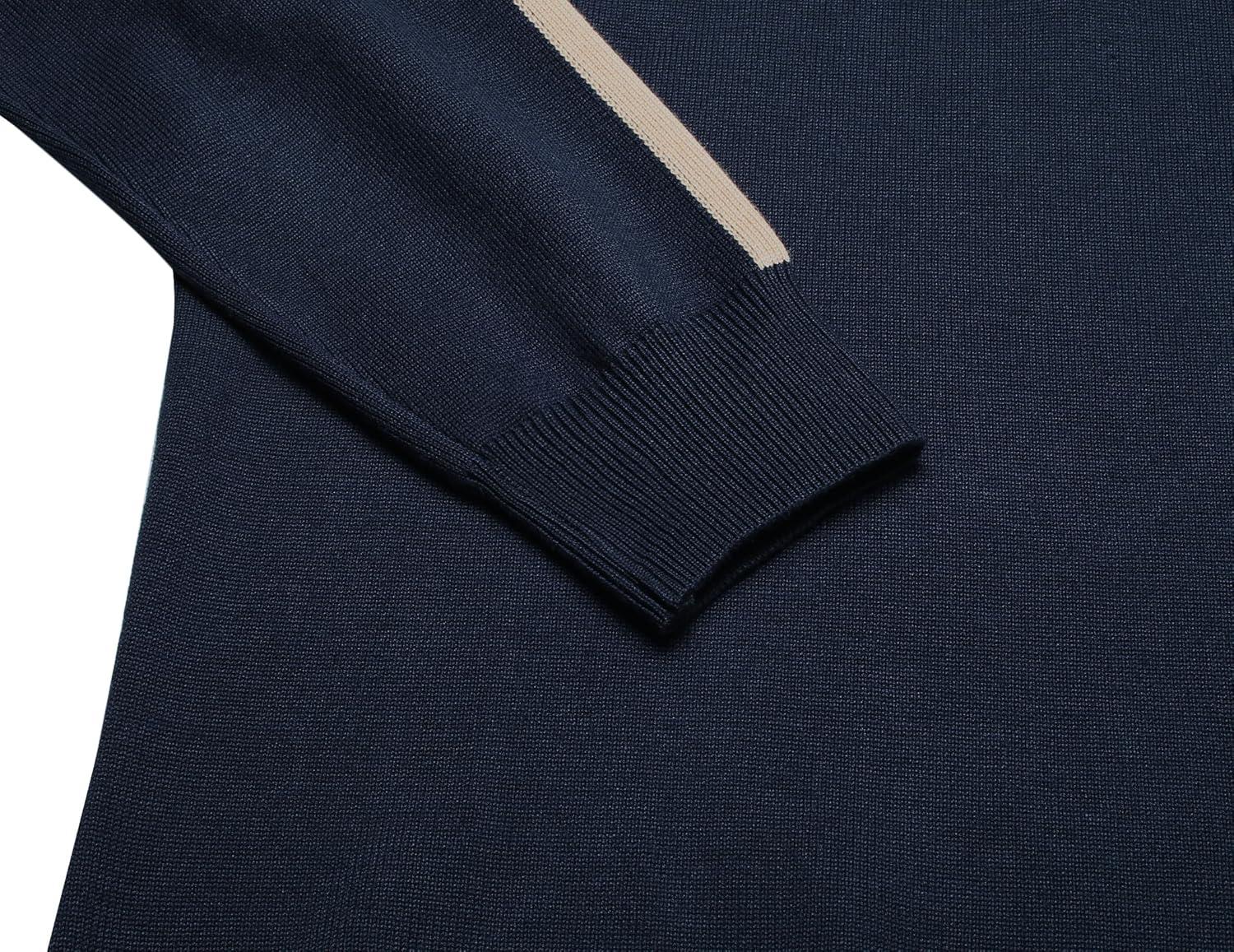 imageCOOFANDY Mens Quarter Zip Up Sweaters Slim Fit Lightweight Mock Neck Pullover Casual Polo SweatersNavystripekhaki