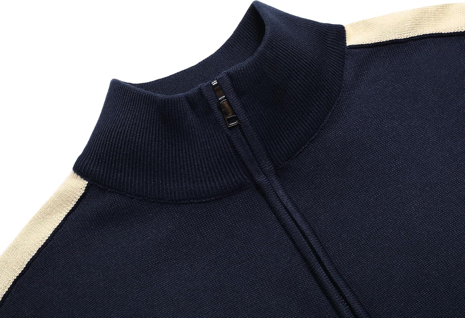 imageCOOFANDY Mens Quarter Zip Up Sweaters Slim Fit Lightweight Mock Neck Pullover Casual Polo SweatersNavystripekhaki