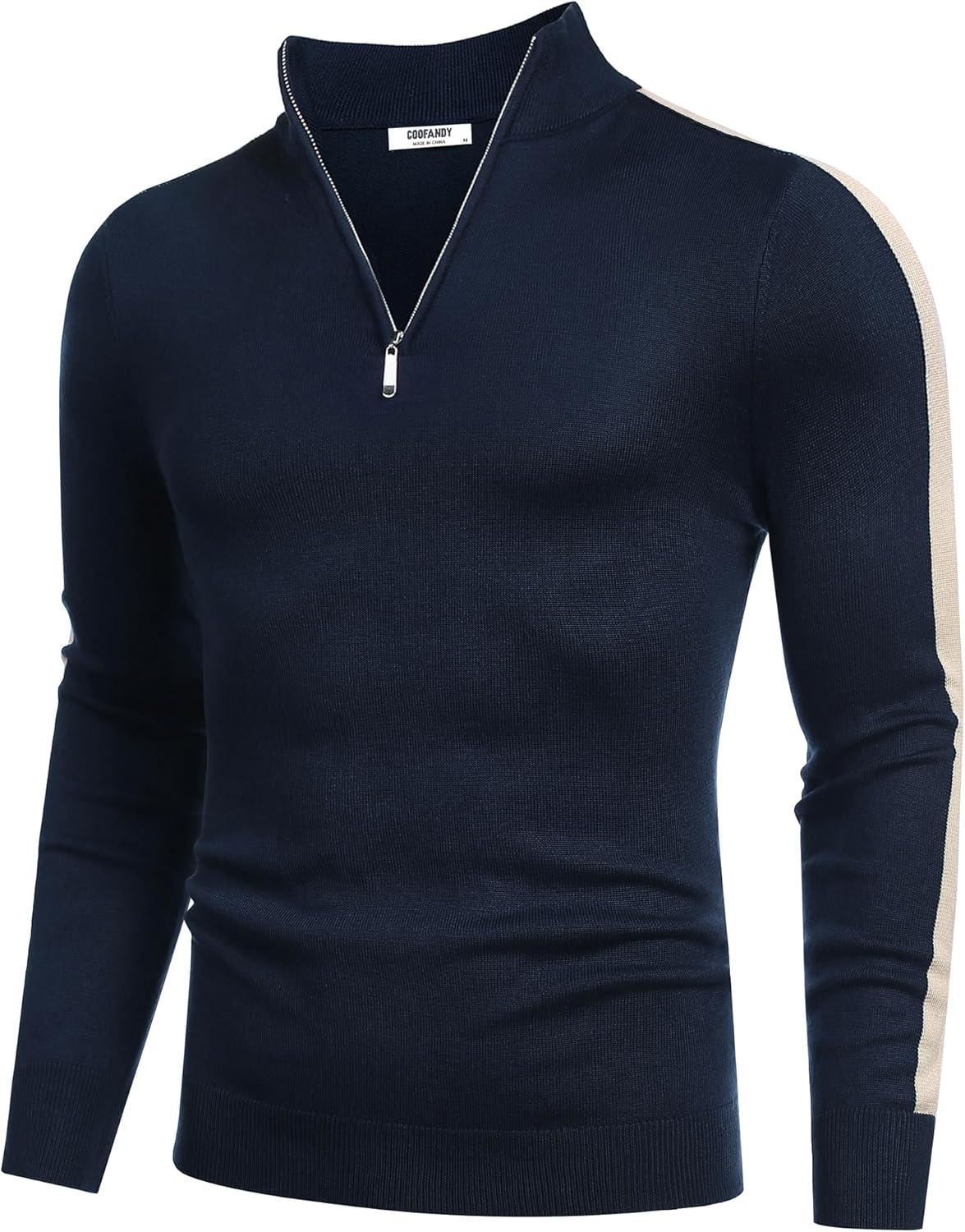 imageCOOFANDY Mens Quarter Zip Up Sweaters Slim Fit Lightweight Mock Neck Pullover Casual Polo SweatersNavystripekhaki