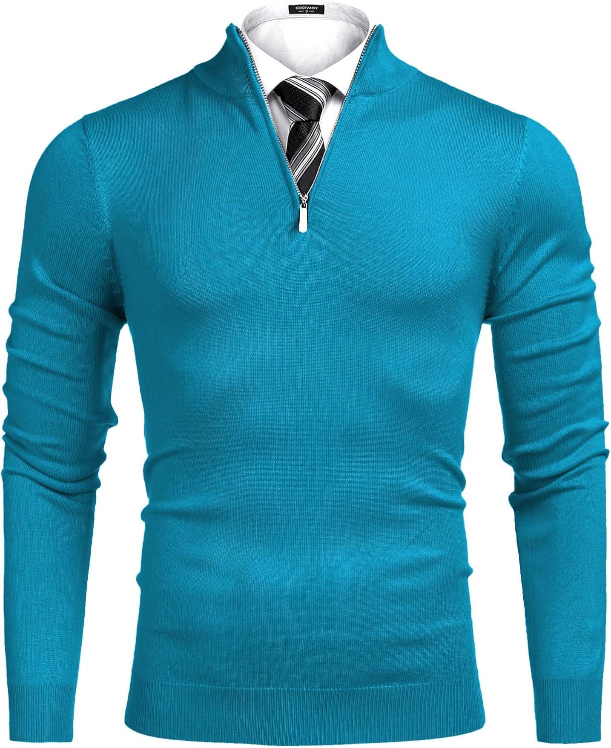 imageCOOFANDY Mens Quarter Zip Up Sweaters Slim Fit Lightweight Mock Neck Pullover Casual Polo SweatersPeacock Blue