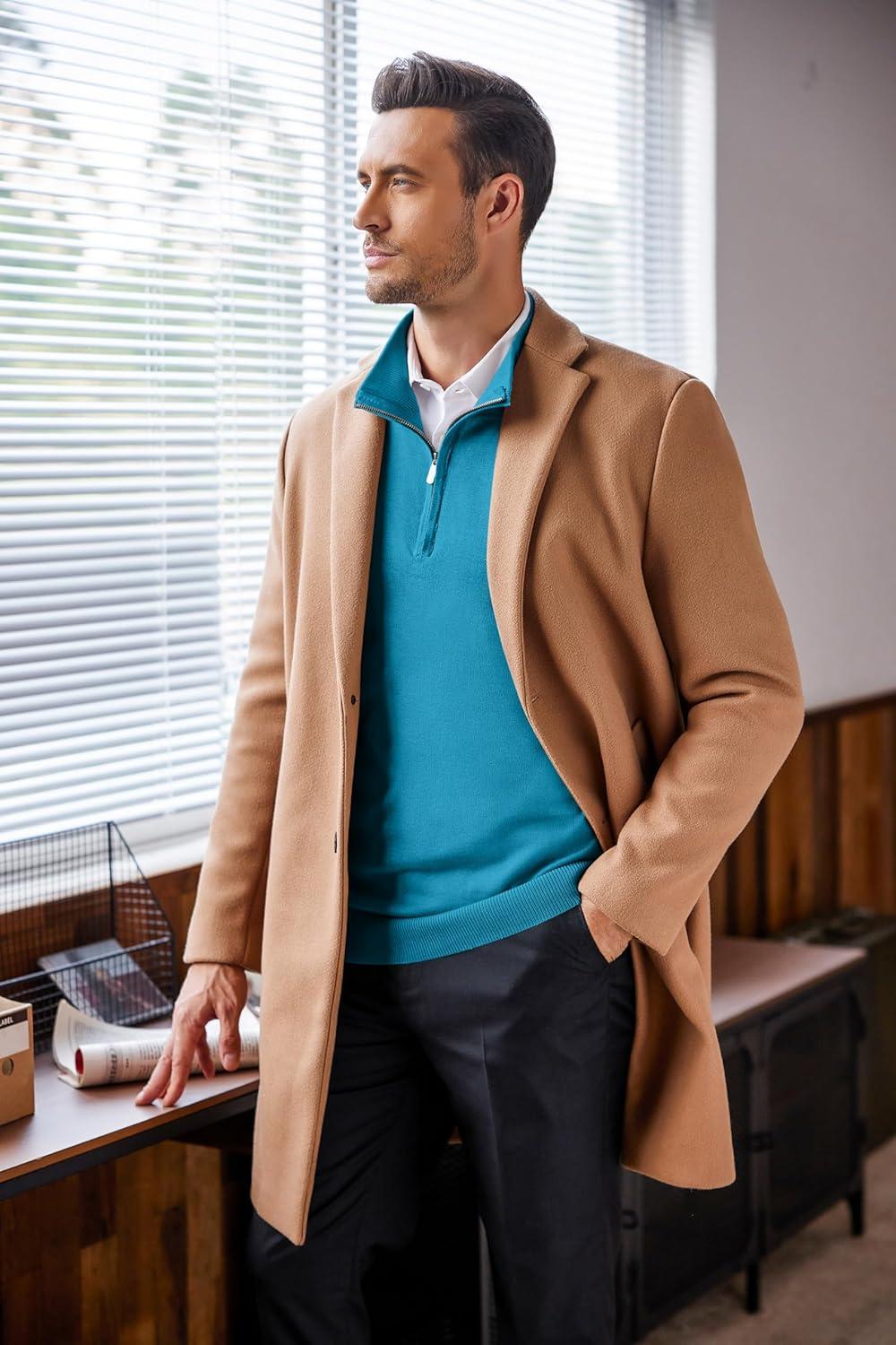 imageCOOFANDY Mens Quarter Zip Up Sweaters Slim Fit Lightweight Mock Neck Pullover Casual Polo SweatersPeacock Blue