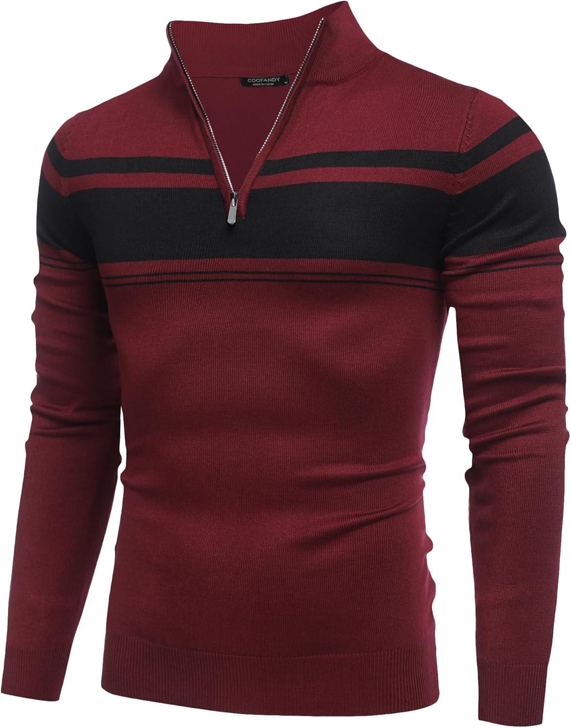 imageCOOFANDY Mens Quarter Zip Up Sweaters Slim Fit Lightweight Mock Neck Pullover Casual Polo SweatersRed Black Stripe