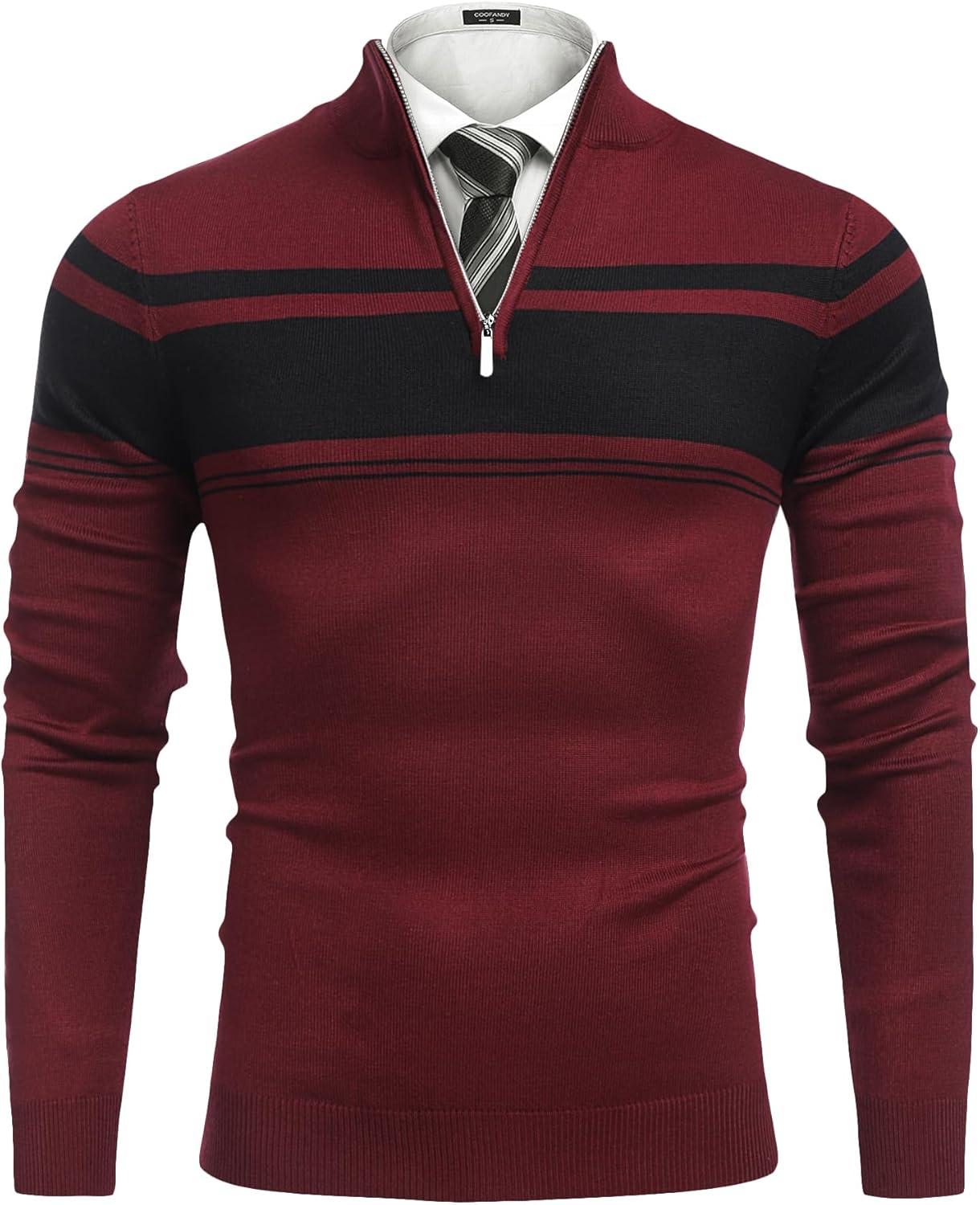 imageCOOFANDY Mens Quarter Zip Up Sweaters Slim Fit Lightweight Mock Neck Pullover Casual Polo SweatersRed Black Stripe