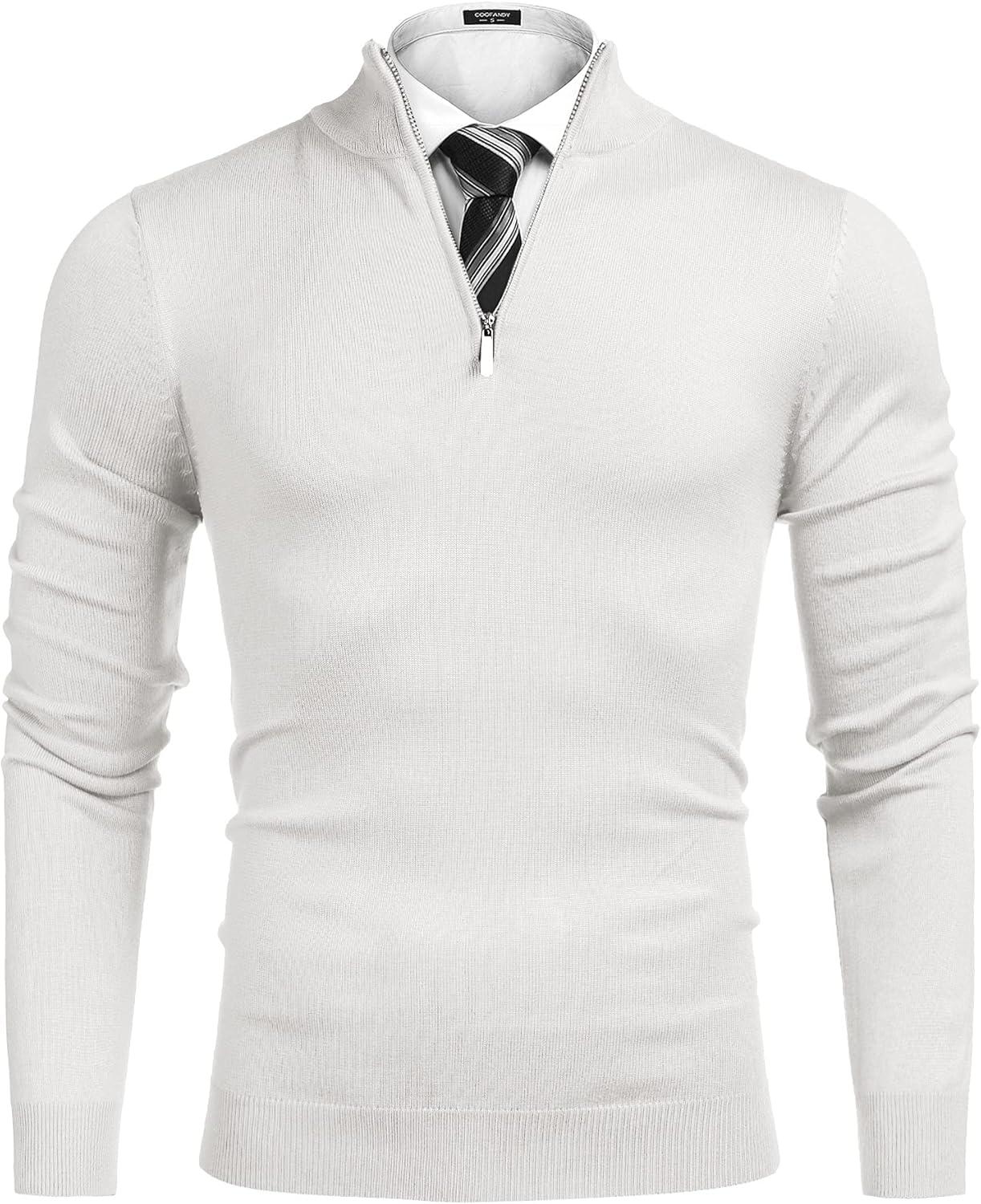imageCOOFANDY Mens Quarter Zip Up Sweaters Slim Fit Lightweight Mock Neck Pullover Casual Polo SweatersWhite