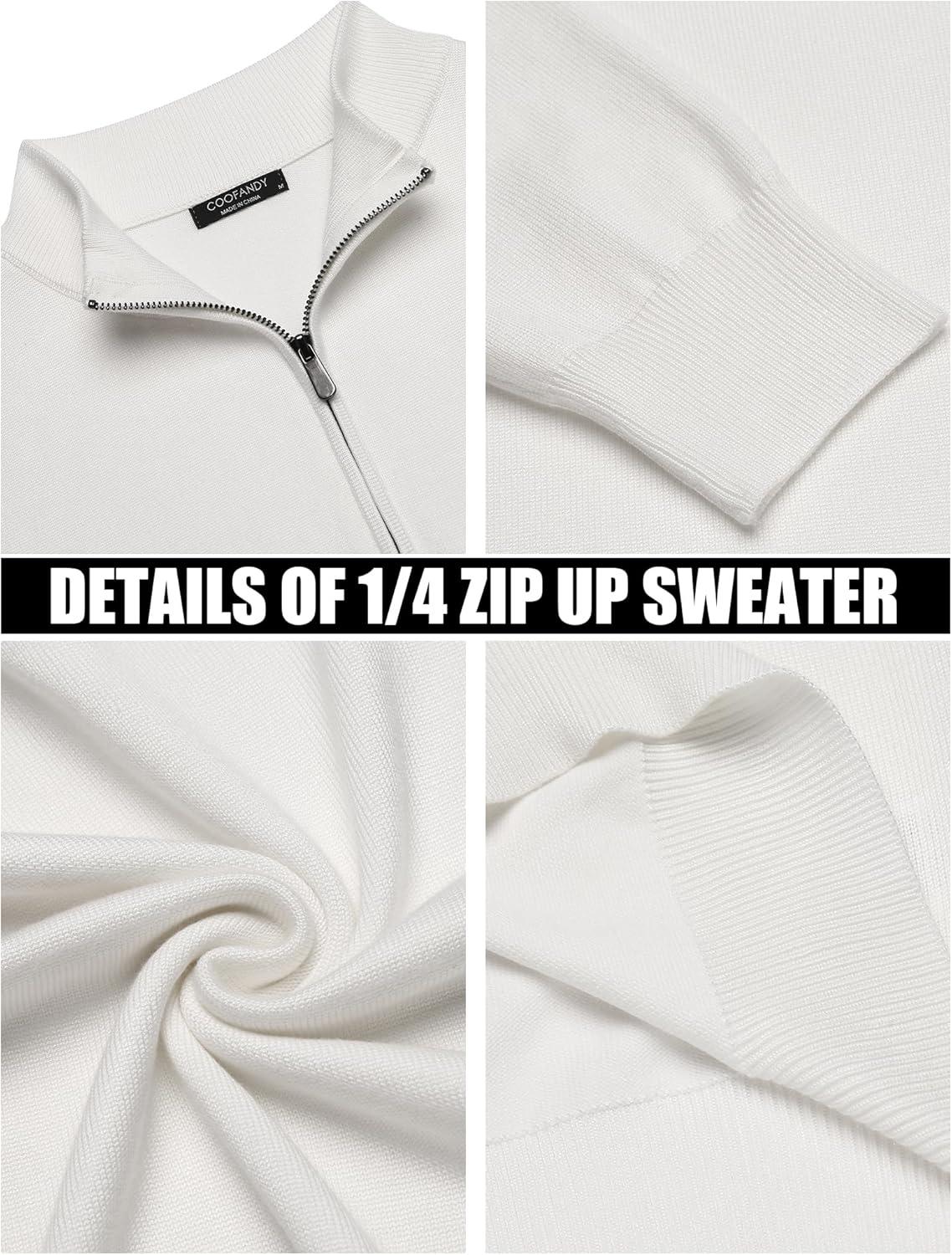 imageCOOFANDY Mens Quarter Zip Up Sweaters Slim Fit Lightweight Mock Neck Pullover Casual Polo SweatersWhite