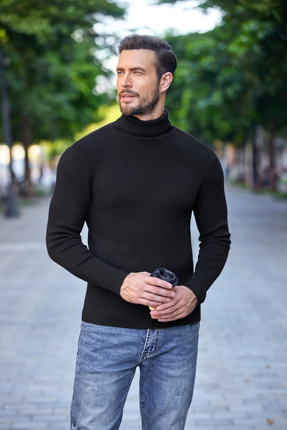imageCOOFANDY Mens Ribbed Slim Fit Knitted Pullover Casual Turtleneck SweaterBlack