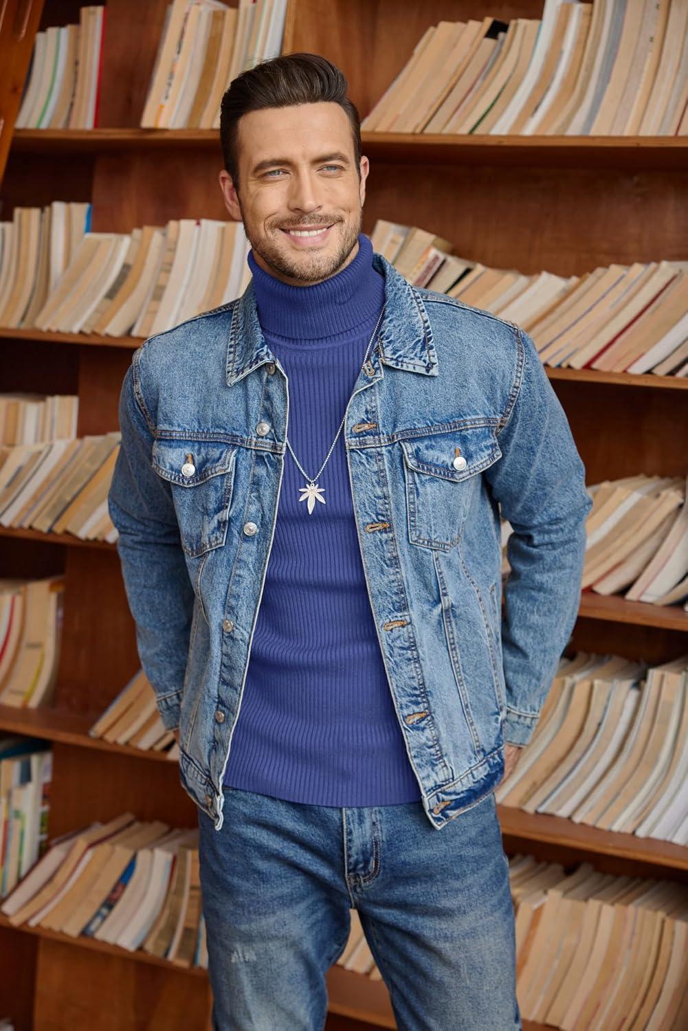 imageCOOFANDY Mens Ribbed Slim Fit Knitted Pullover Casual Turtleneck SweaterBlue