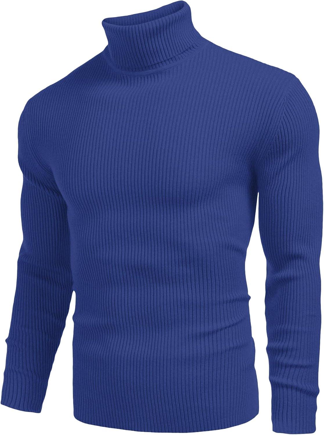 imageCOOFANDY Mens Ribbed Slim Fit Knitted Pullover Casual Turtleneck SweaterBlue