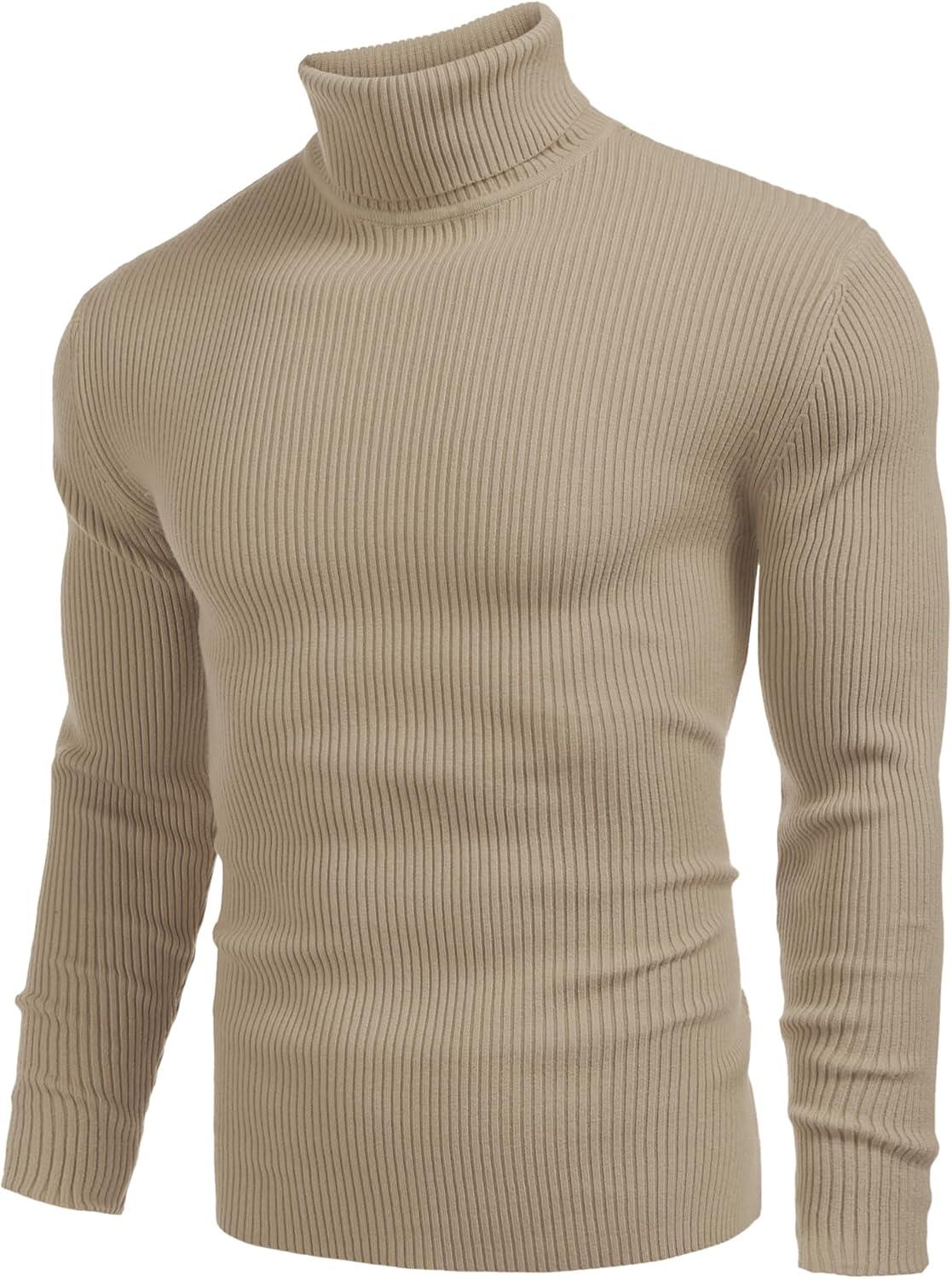 imageCOOFANDY Mens Ribbed Slim Fit Knitted Pullover Casual Turtleneck SweaterCamel Apricot