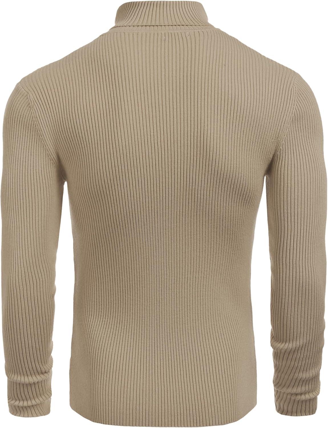 imageCOOFANDY Mens Ribbed Slim Fit Knitted Pullover Casual Turtleneck SweaterCamel Apricot