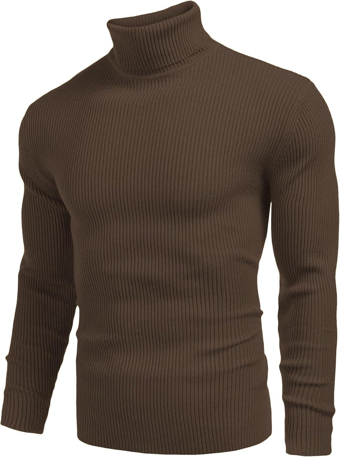 imageCOOFANDY Mens Ribbed Slim Fit Knitted Pullover Casual Turtleneck SweaterDark Brown