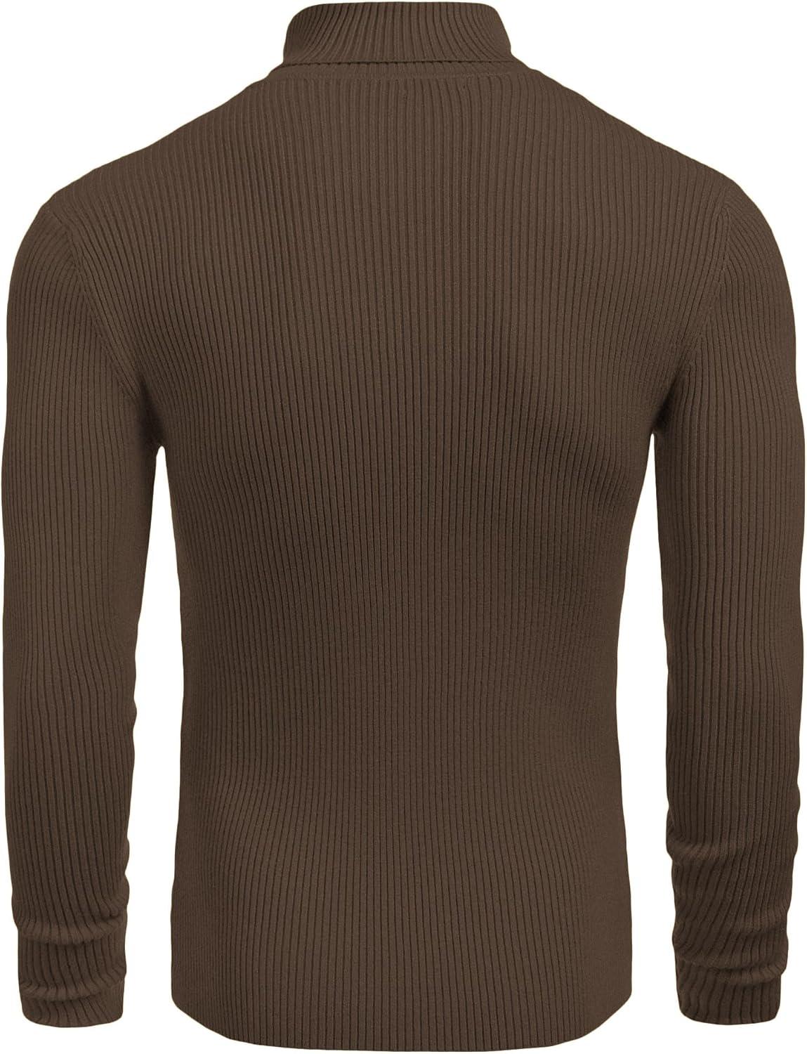 imageCOOFANDY Mens Ribbed Slim Fit Knitted Pullover Casual Turtleneck SweaterDark Brown