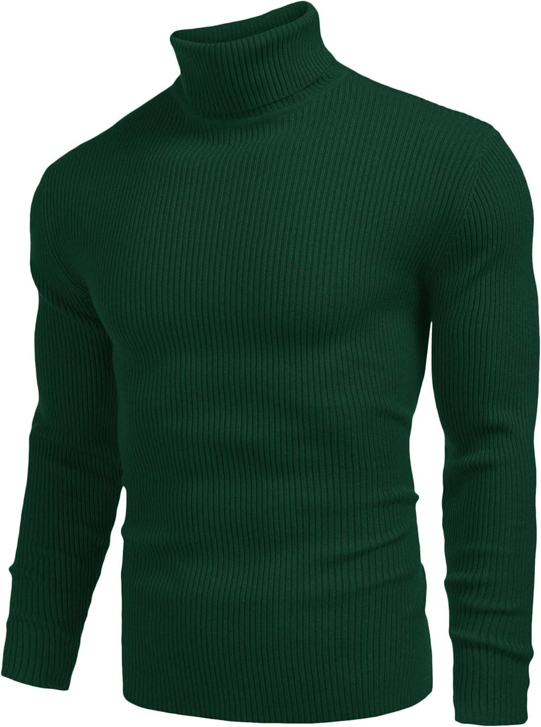 imageCOOFANDY Mens Ribbed Slim Fit Knitted Pullover Casual Turtleneck SweaterHunter Green