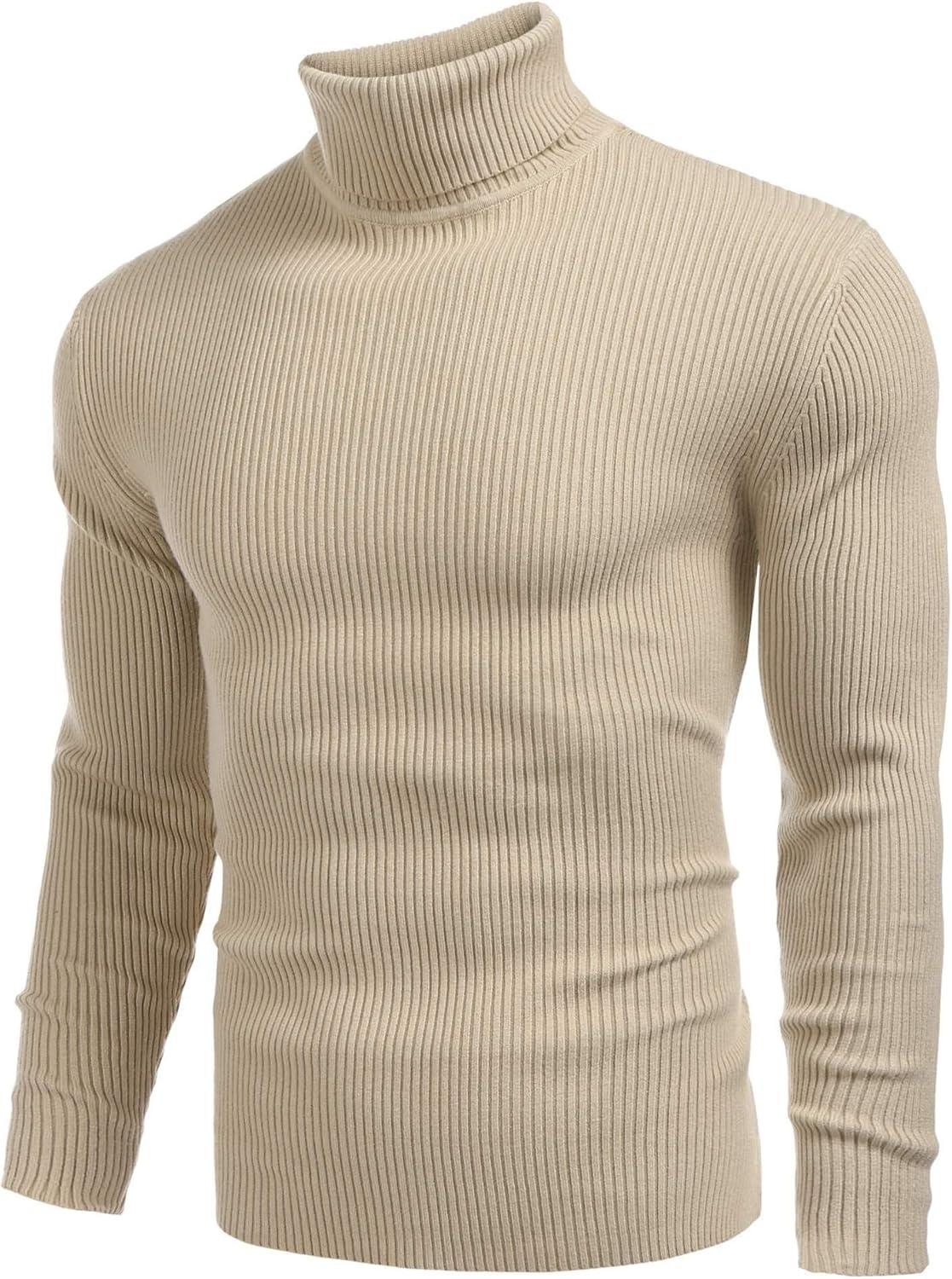 imageCOOFANDY Mens Ribbed Slim Fit Knitted Pullover Casual Turtleneck SweaterKhaki
