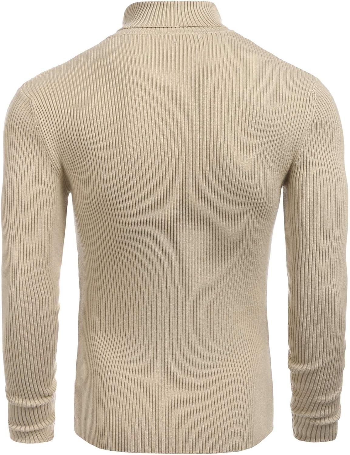 imageCOOFANDY Mens Ribbed Slim Fit Knitted Pullover Casual Turtleneck SweaterKhaki