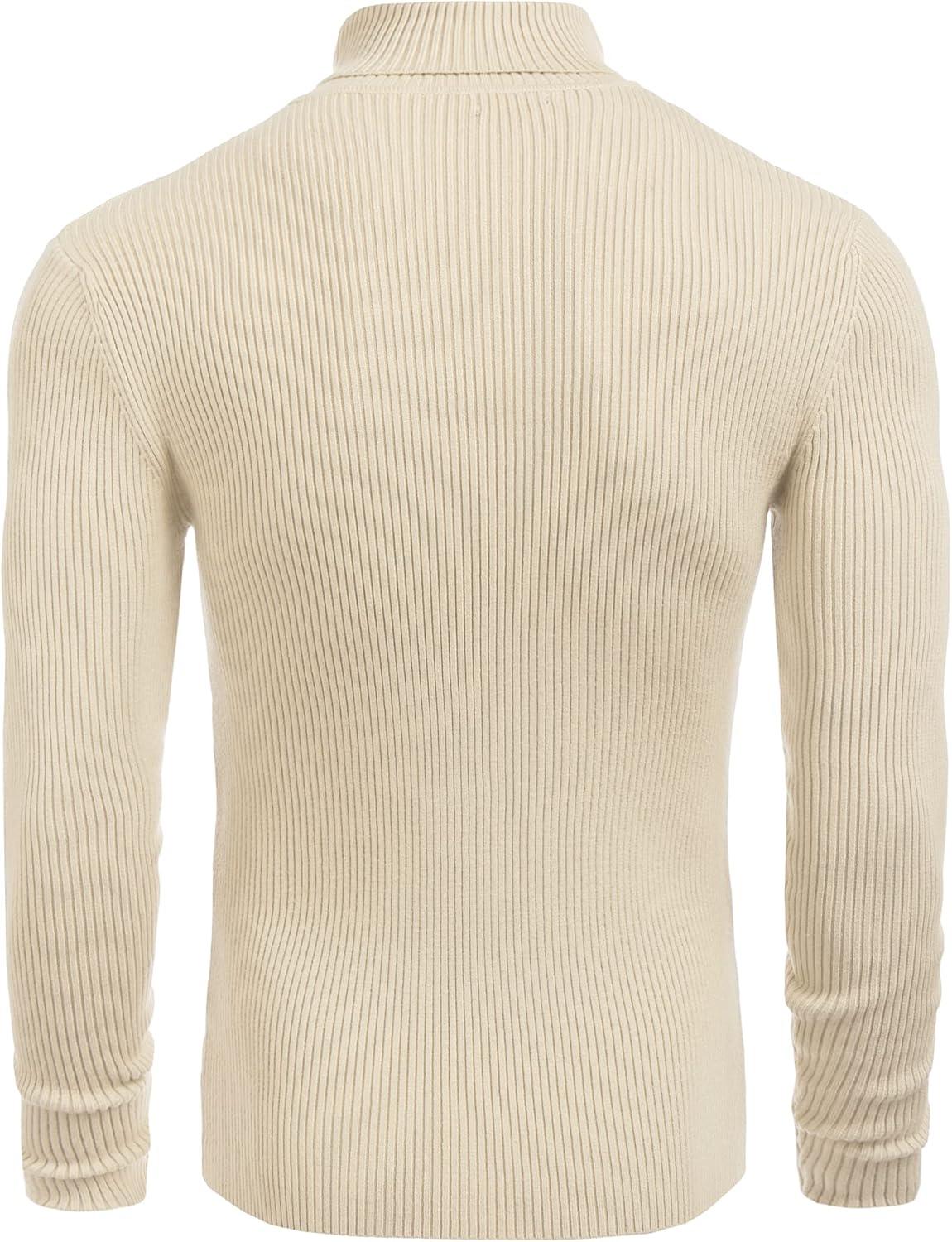 imageCOOFANDY Mens Ribbed Slim Fit Knitted Pullover Casual Turtleneck SweaterLight Apricot