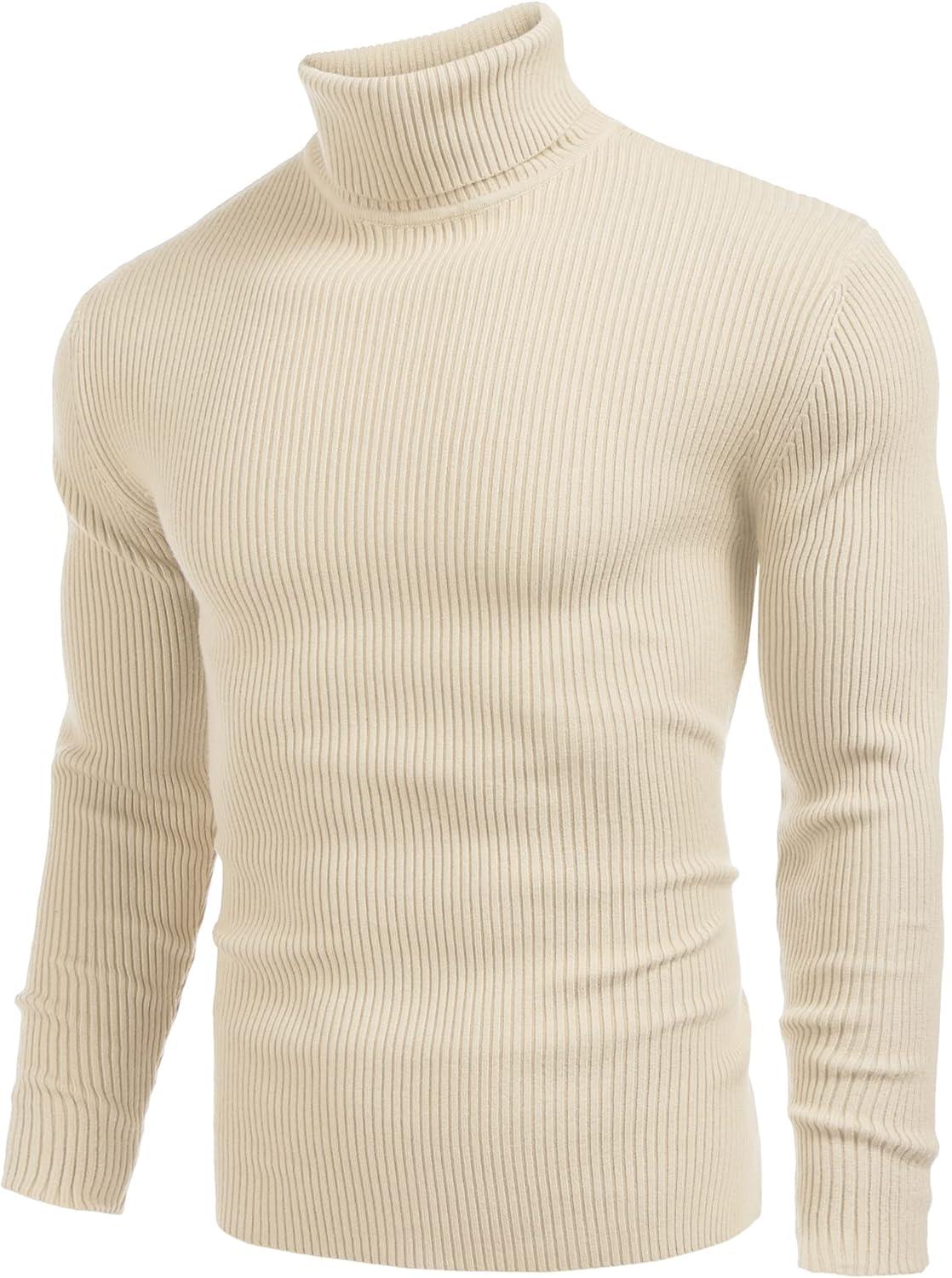 imageCOOFANDY Mens Ribbed Slim Fit Knitted Pullover Casual Turtleneck SweaterLight Apricot