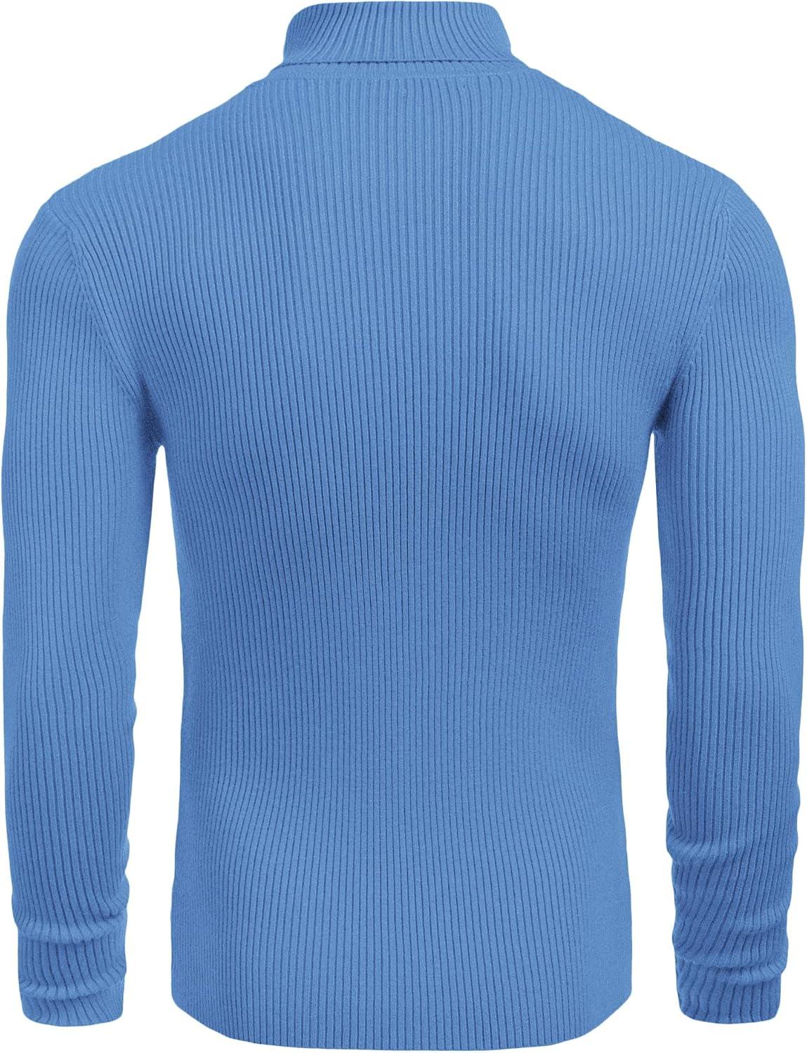 imageCOOFANDY Mens Ribbed Slim Fit Knitted Pullover Casual Turtleneck SweaterLight Blue