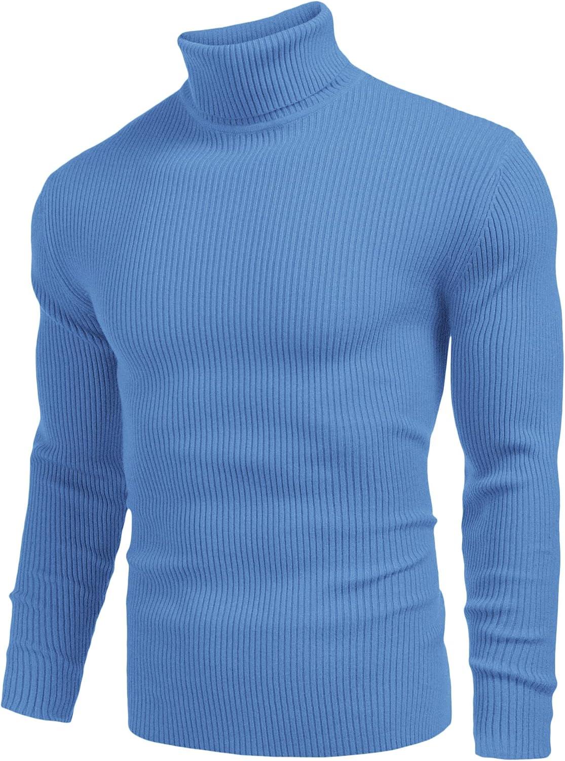 imageCOOFANDY Mens Ribbed Slim Fit Knitted Pullover Casual Turtleneck SweaterLight Blue