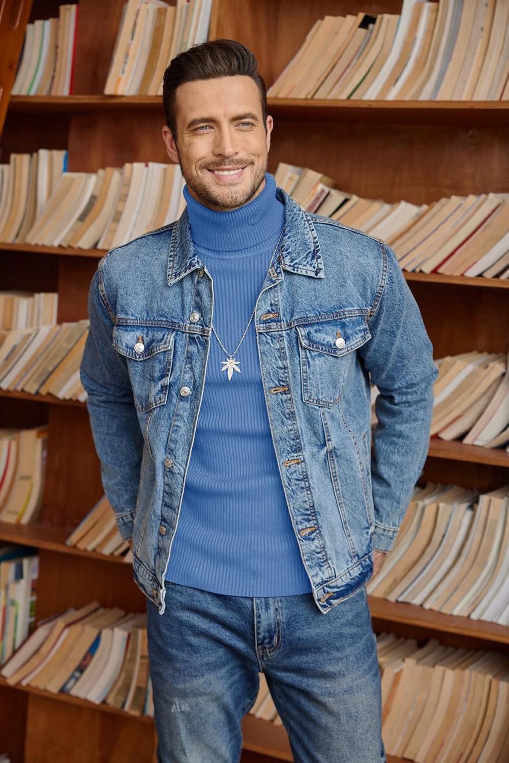 imageCOOFANDY Mens Ribbed Slim Fit Knitted Pullover Casual Turtleneck SweaterLight Blue