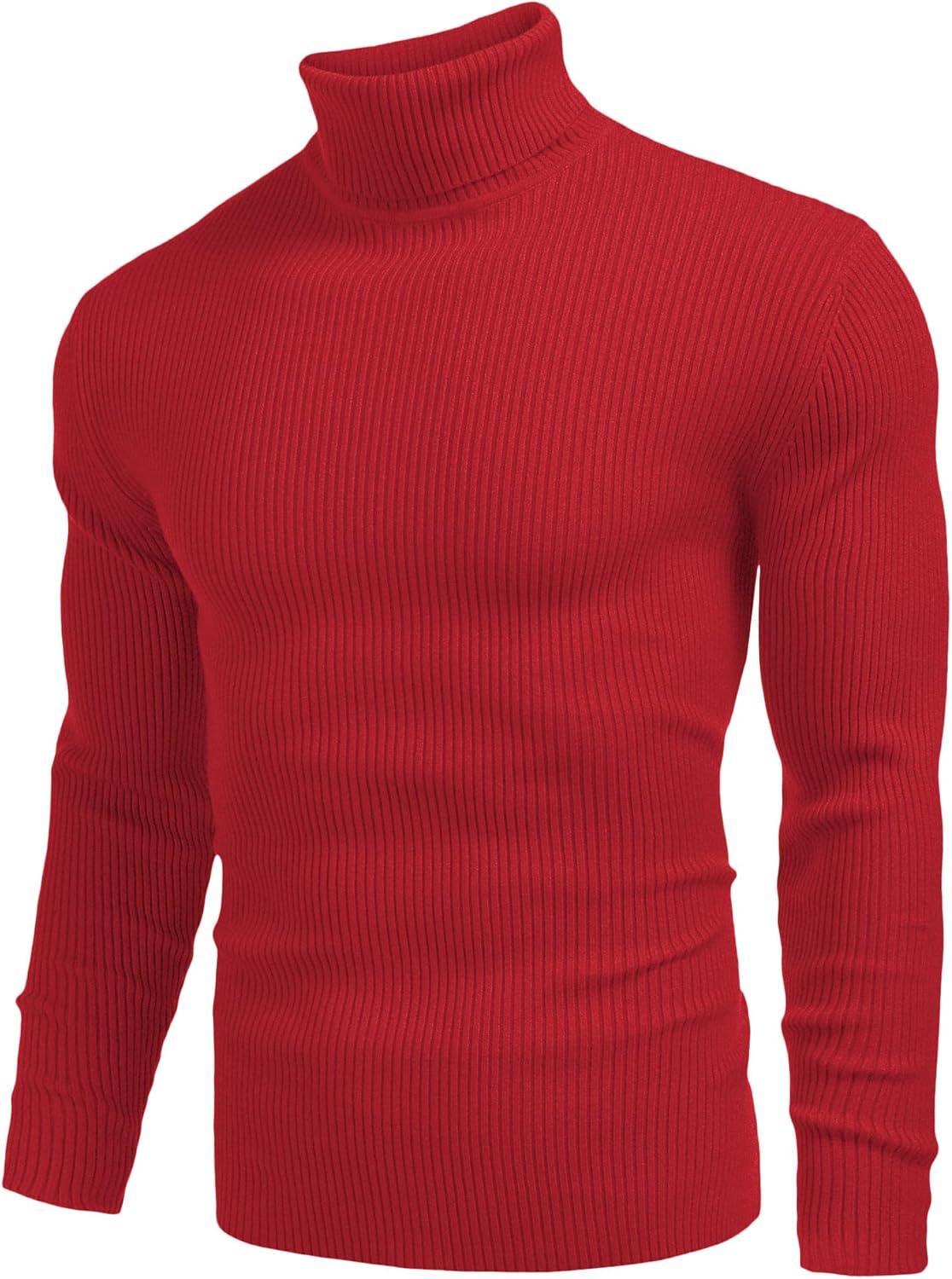 imageCOOFANDY Mens Ribbed Slim Fit Knitted Pullover Casual Turtleneck SweaterRed