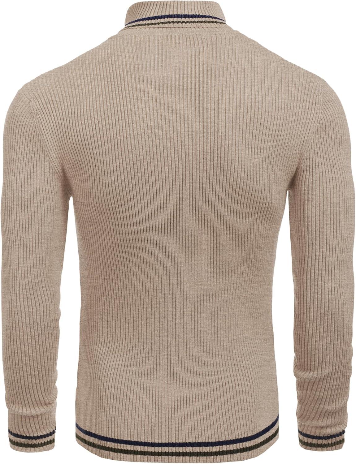 imageCOOFANDY Mens Ribbed Slim Fit Knitted Pullover Casual Turtleneck SweaterStripedblue Army Green