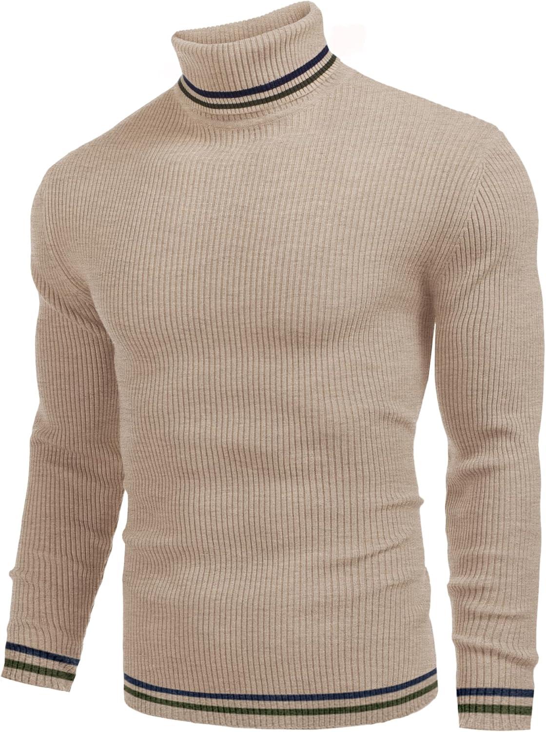 imageCOOFANDY Mens Ribbed Slim Fit Knitted Pullover Casual Turtleneck SweaterStripedblue Army Green
