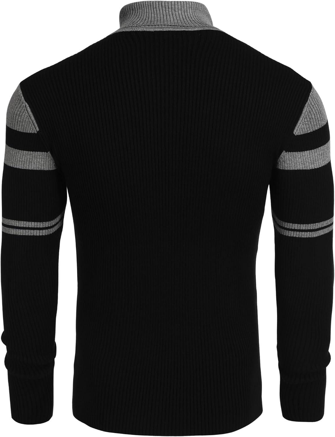 imageCOOFANDY Mens Ribbed Slim Fit Knitted Pullover Casual Turtleneck SweaterStripedgrey Black