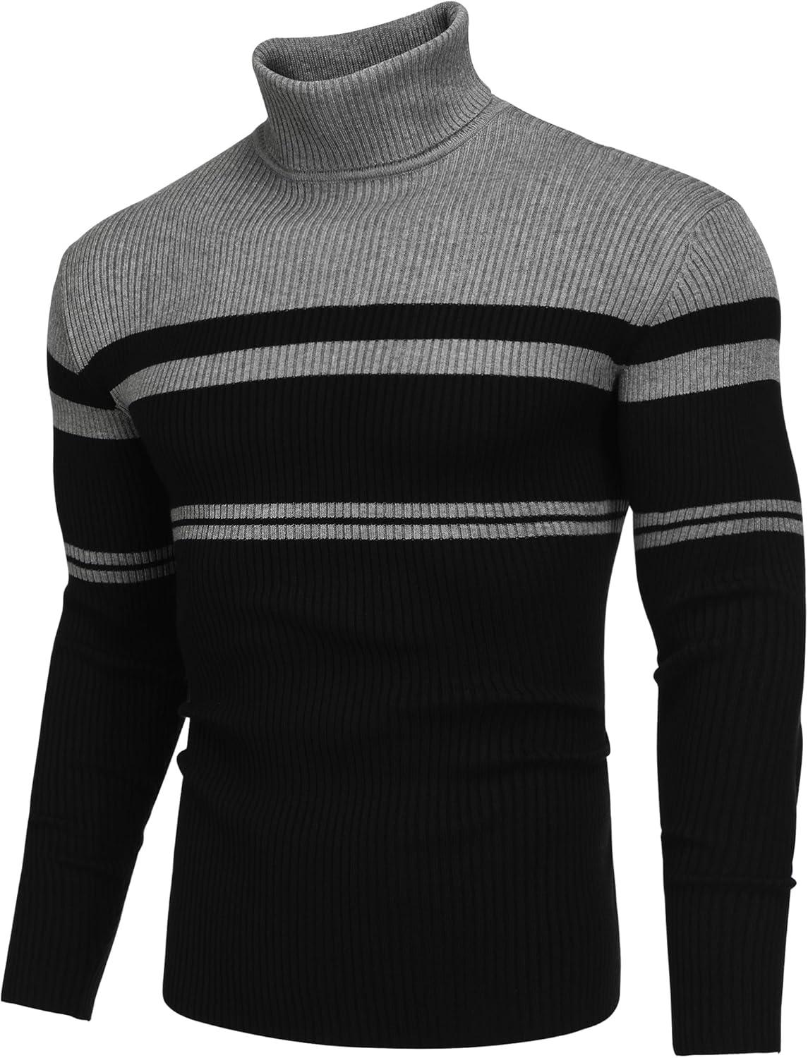 imageCOOFANDY Mens Ribbed Slim Fit Knitted Pullover Casual Turtleneck SweaterStripedgrey Black
