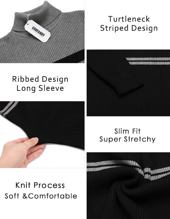 imageCOOFANDY Mens Ribbed Slim Fit Knitted Pullover Casual Turtleneck SweaterStripedgrey Black