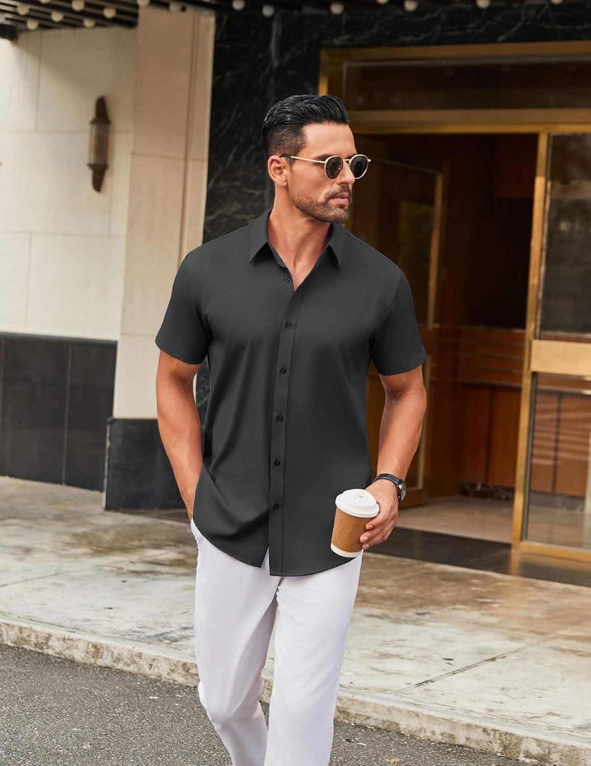 imageCOOFANDY Mens Stretch Dress Shirts Short Sleeve Wrinkle Free Casual Button Down ShirtsDark Grey